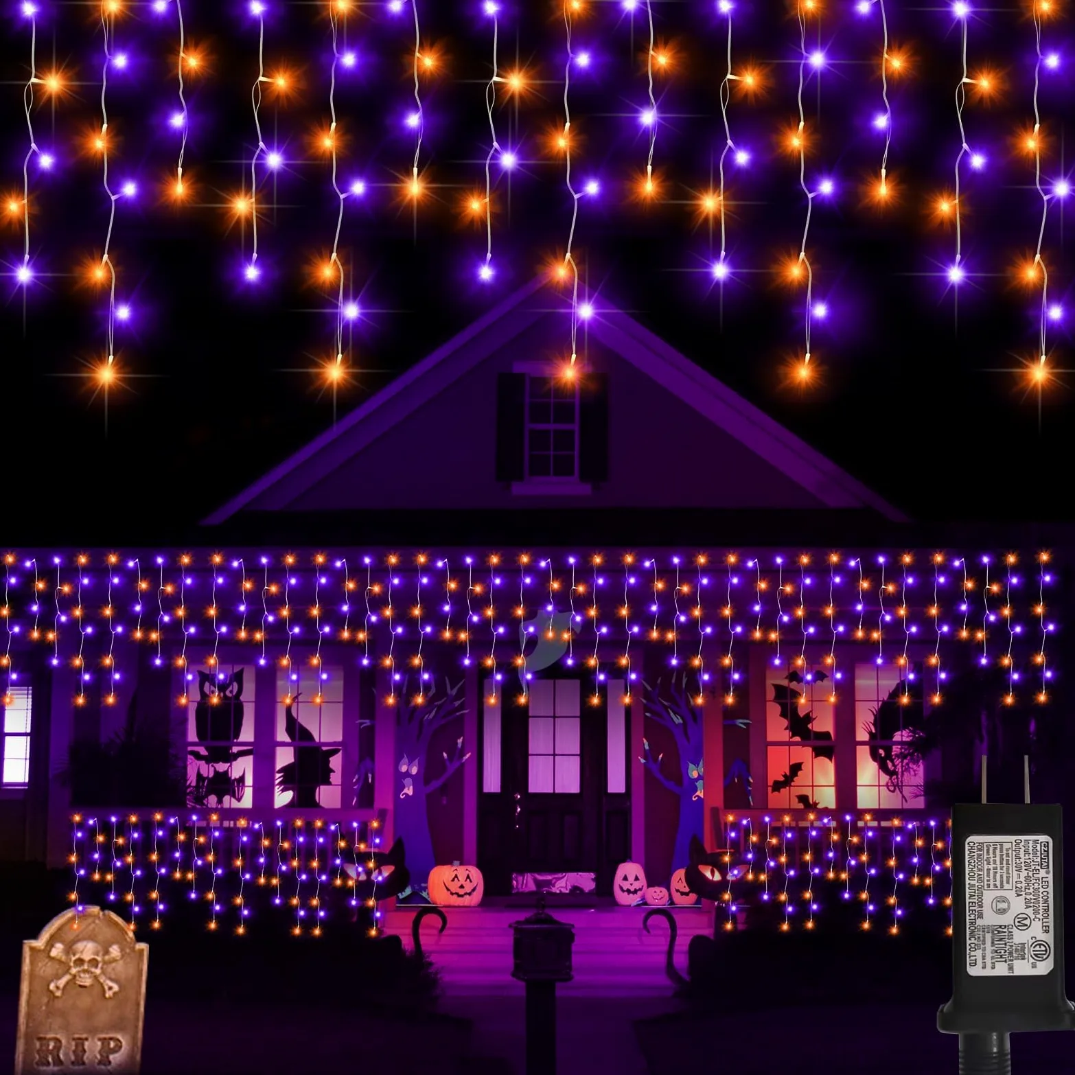 Światła na Halloween, dekoracje zewnętrzne, 480 diod LED, łańcuch świetlny 8 trybów oświetlenia z timerem, pamięć, wodoodporne światło na Halloween, na podwórko, na dach, imprezę, wakacje