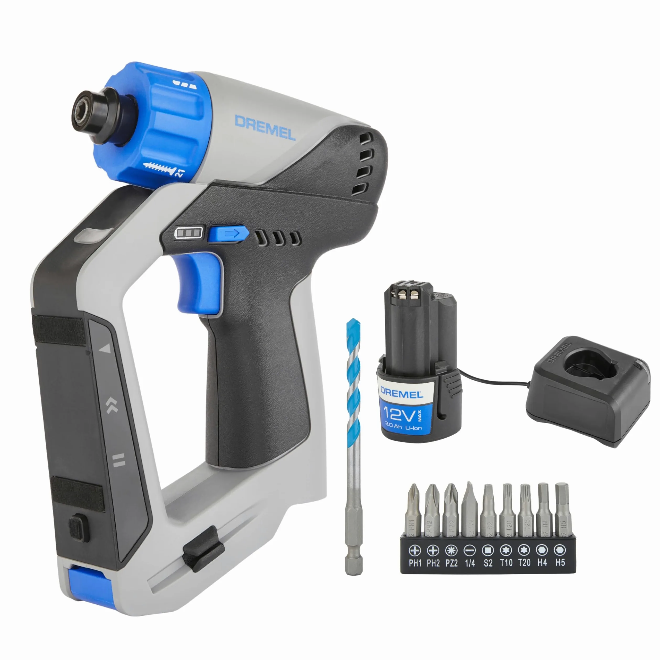 Dremel Blueprint 12 V, bezszczotkowa wiertarko-wkrętarka 3 w 1, akumulator 2,0 Ah, 9x zestaw bitów, 1x wiertło wielomateriałowe, poziomica, szybka ładowarka