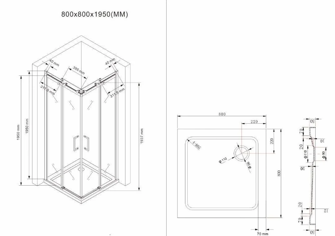 Shop [typ Lina] narożna kabina prysznicowa system przesuwny – prysznic – wariacje (80 x 80 x 195 cm + brodzik + odpływ