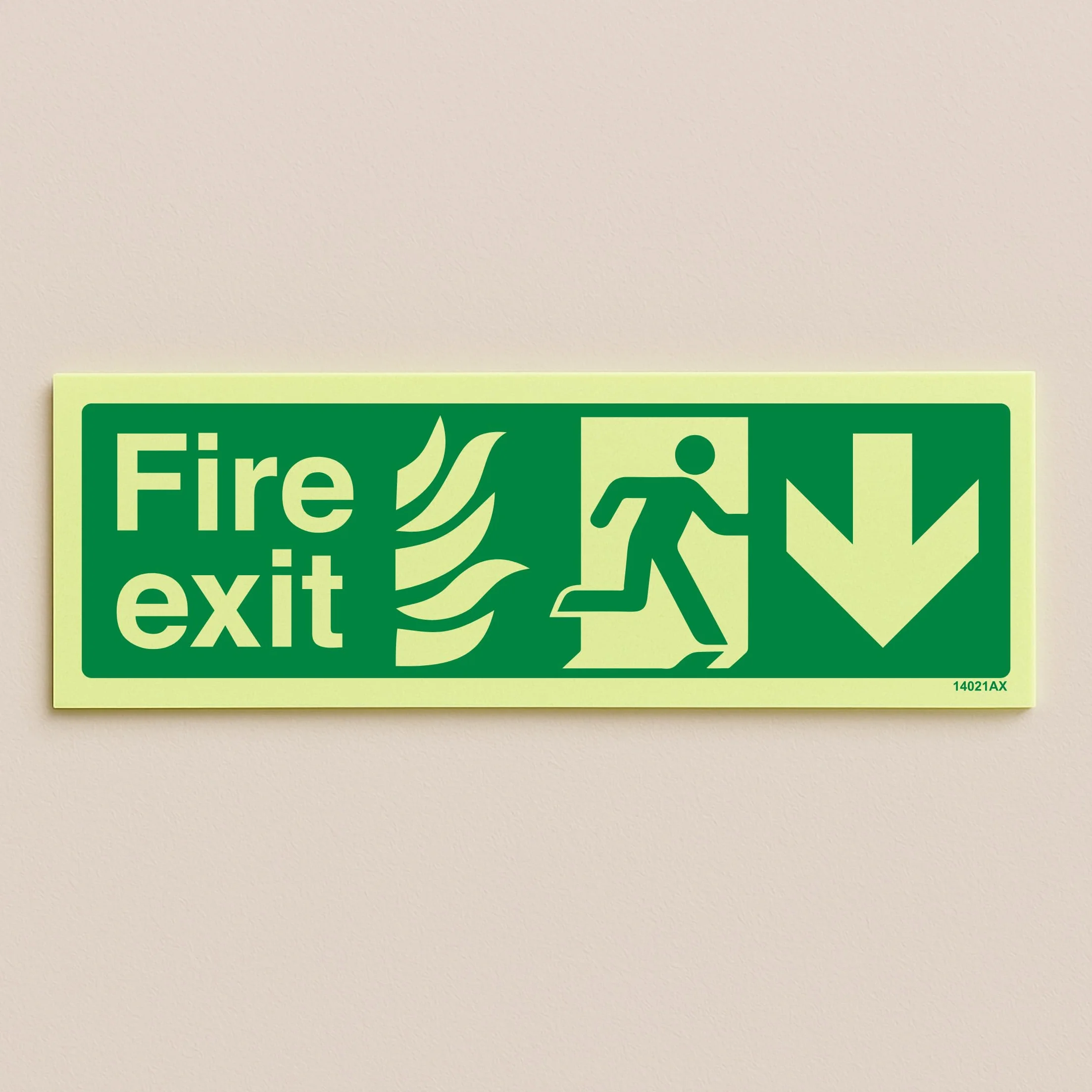 VSafety Glow In The Dark NHS Fire Exit Strzałka w dół znak - 300 mm x 100 mm - sztywny plastik