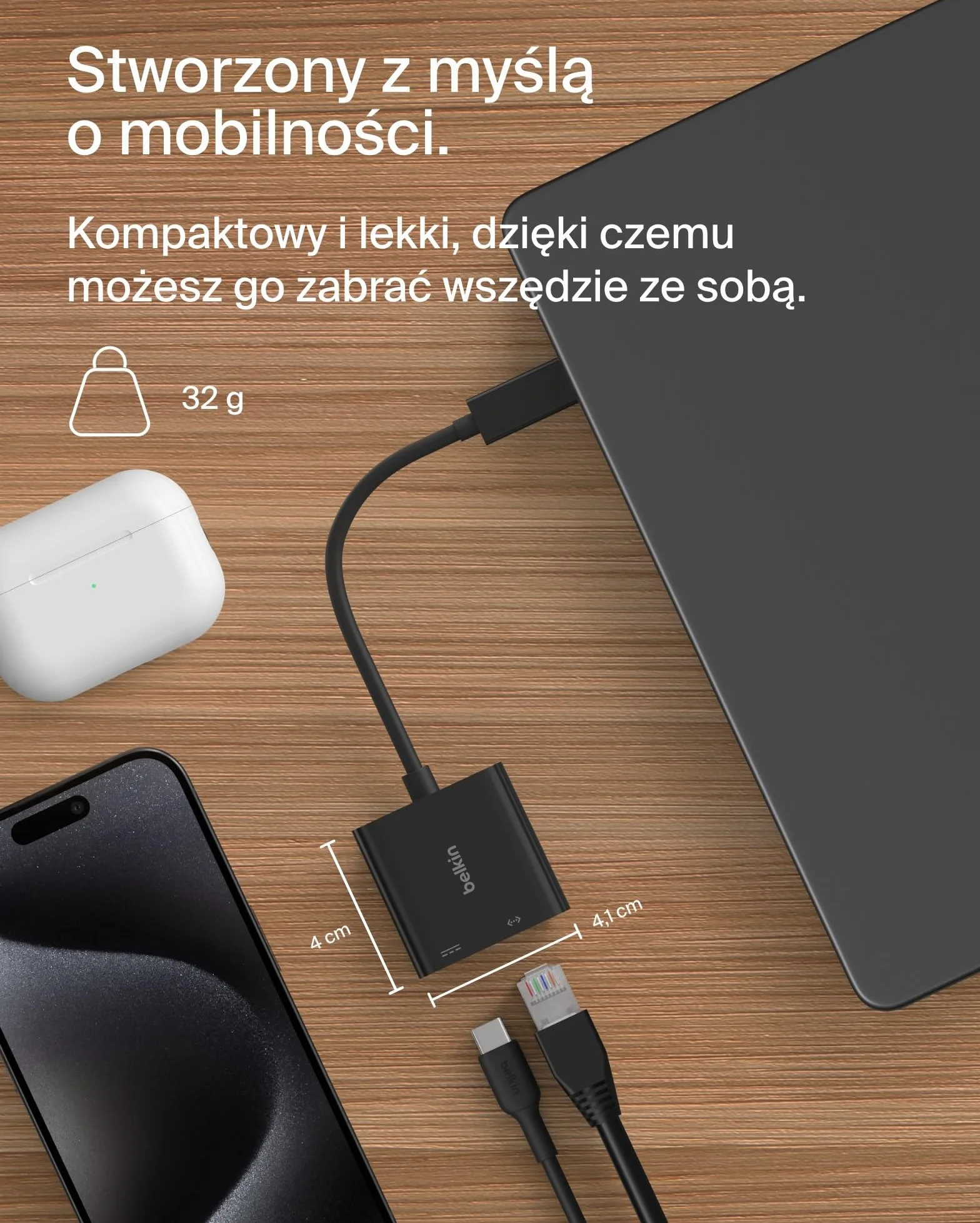Adapter Belkin Connect USB-C na Ethernet z funkcją ładowania 100 W, port Gigabit Ethernet i USB-C – szybkie połączenie z Internetem: 10/100/1000 Mb/s – zgodny z iPhone’em 16 i Samsungiem Galaxy S24