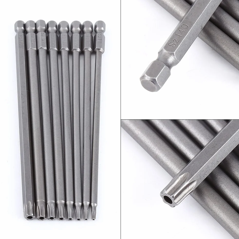 8 Sztuk 150mm S2 Steel Star T8, T10, T15, T20, T25, T27, T30, T40 Torx Torx Długie Bity Głowica Wkręów Zestaw Narzędzi Ręcznych Wiertła Zestaw Śrubokrętów Magnetycznych