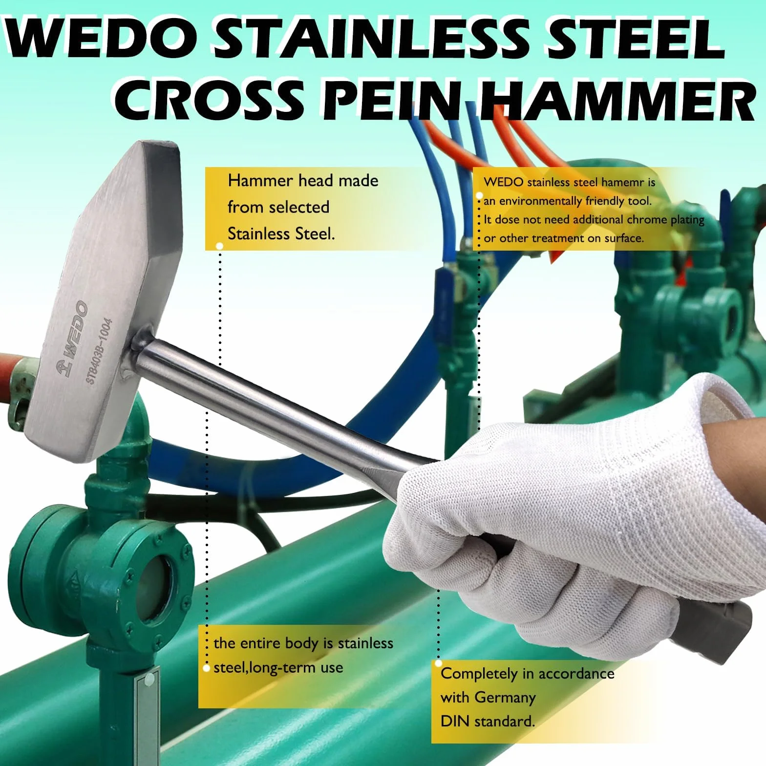 WEDO Młot ze stali nierdzewnej, Cross Pein Engineers'z płaskim uchwytem, odporny na korozję, odporny na rdzę, trwały, przyjazny dla środowiska, 750 g