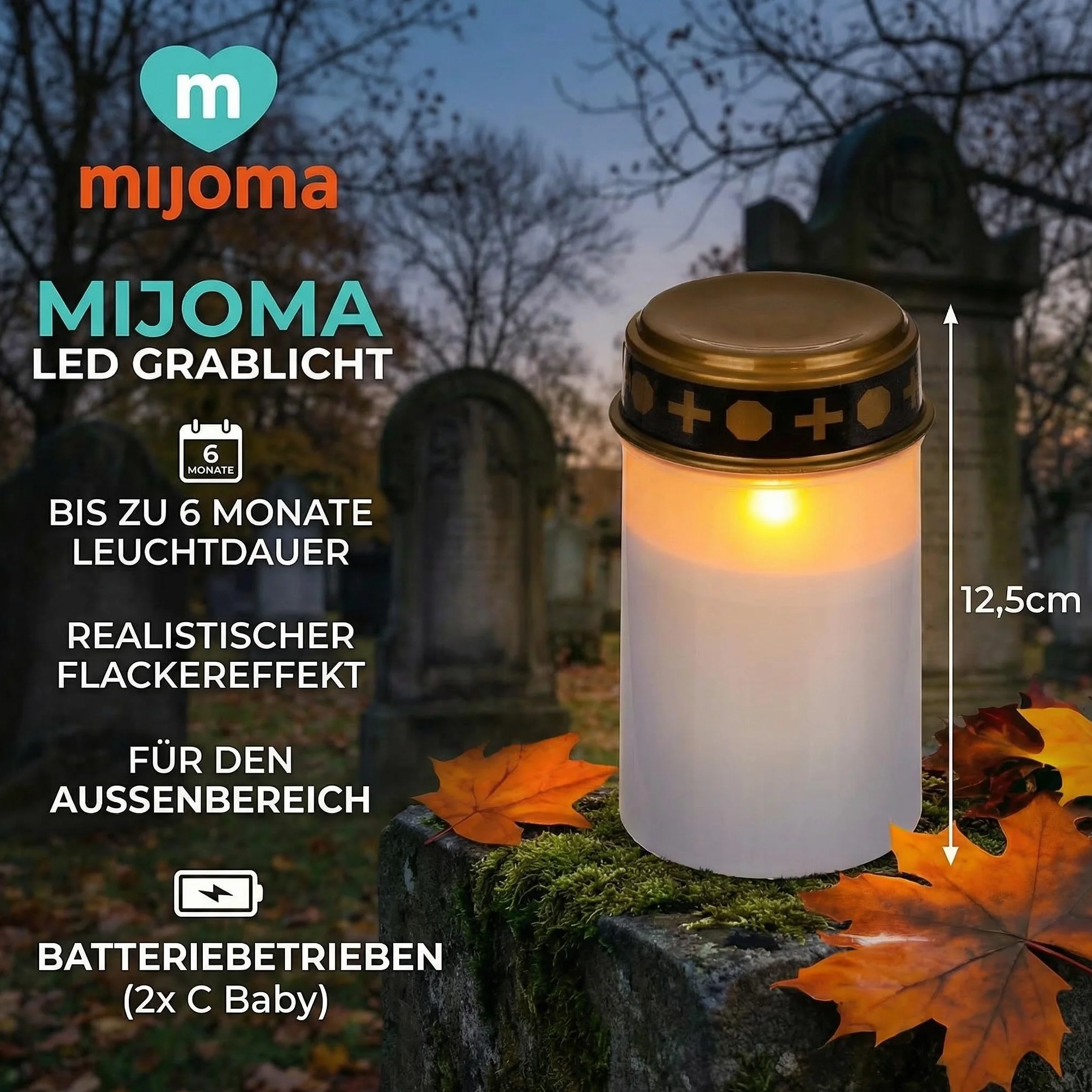 MIJOMA Lampy nagrobne LED do użytku na zewnątrz, zasilanie bateryjne, realistyczny efekt migotania, czas świecenia 6 miesięcy, świeca nagrobna, lampa nagrobna (zestaw 3 sztuk, biała)