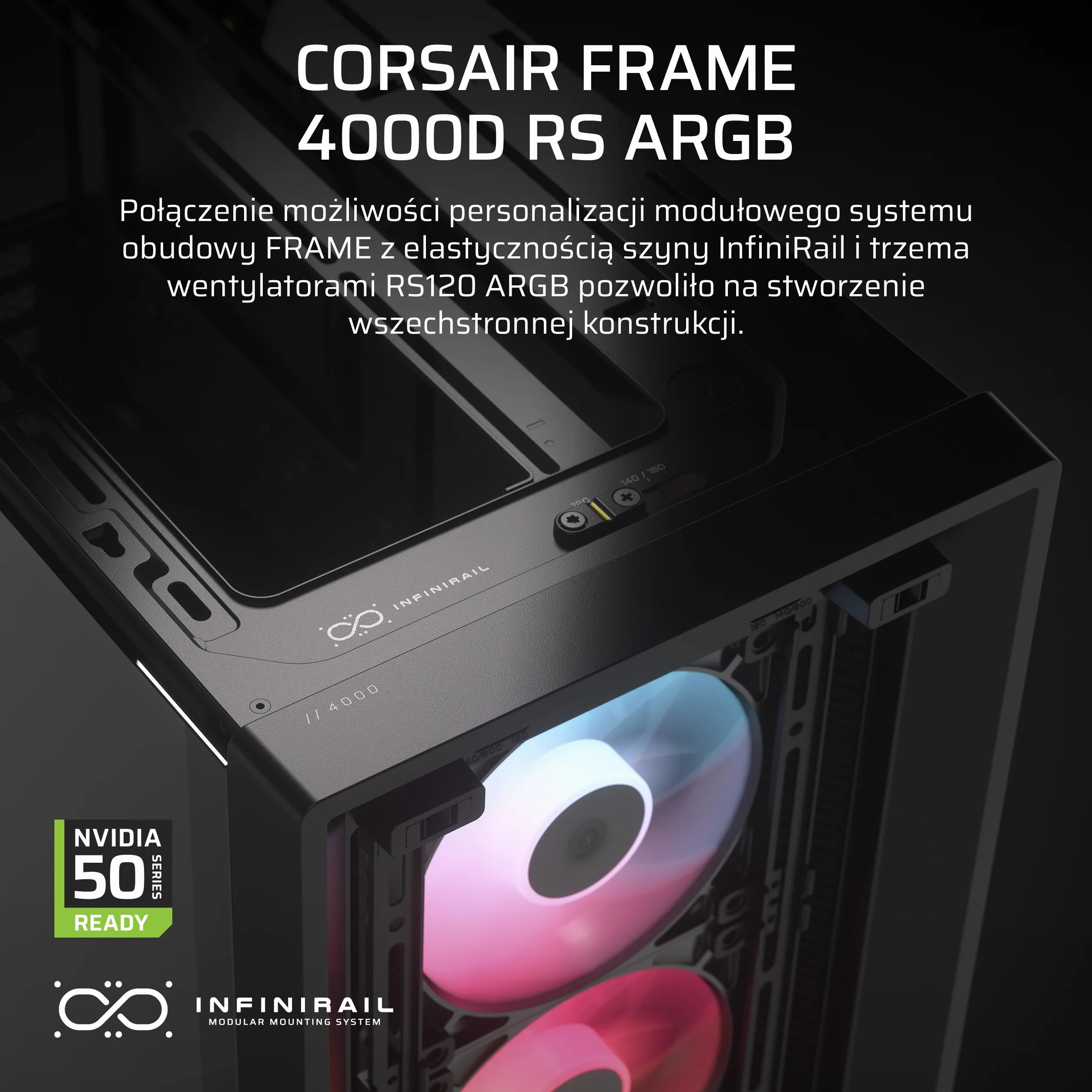 CORSAIR FRAME 4000D RS ARGB Modułowa Mid–Tower ATX Obudowa Komputerowa – Wysoki Przepływ Powietrza, 3x Wstępnie Zainstalowane Wentylatory RS ARGB, System Montażu Wentylatorów InfiniRail™ – Czarny