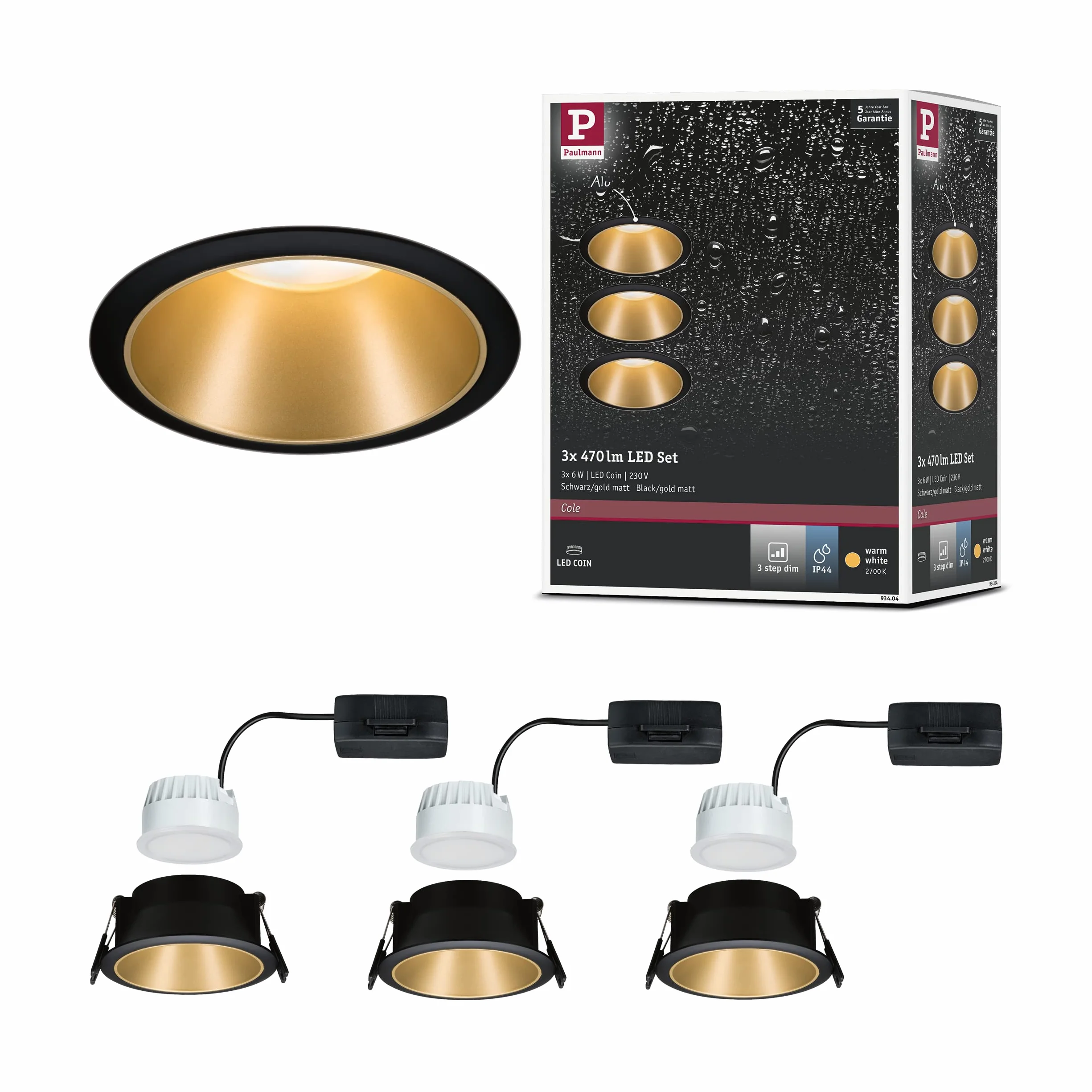 Paulmann 93404 Oprawa Wpuszczana Led Cole Okrągła, W Tym Ściemnialny Reflektor Wpuszczany 3X6,5W Czarny, Złoty Matowy Lampa Wpuszczana Plastik, Aluminiowo-Cynkowy Punkt Sufitowy 2700K ,Czarne, Matowe Złoto ,3Er-Set , 19.5 Watts