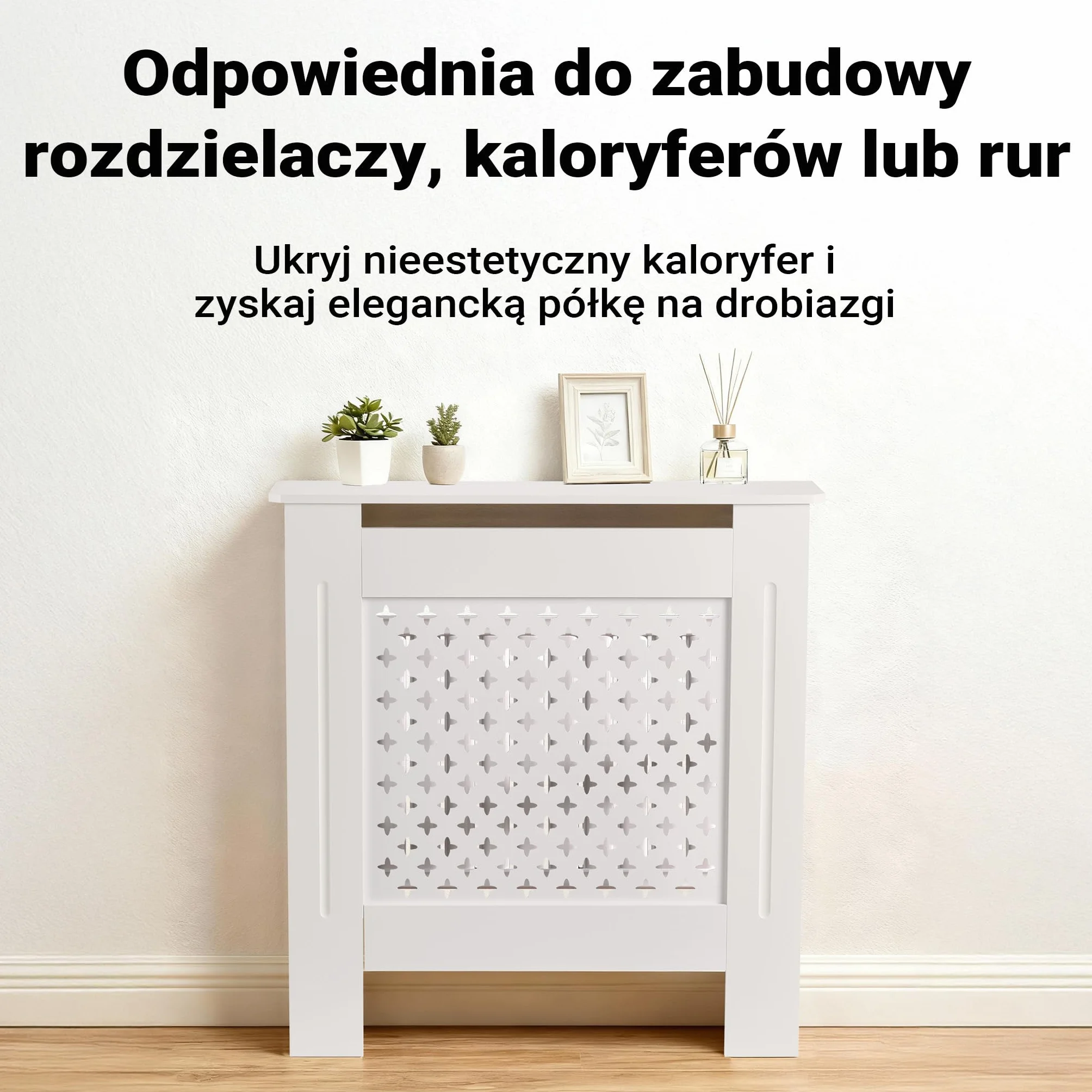 Osłona na kaloryfer biała 78 x 19 x 82 cm, maskownica na grzejnik z płyty MDF, drewniana obudowa kaloryfera, elegancka zabudowa grzejnika