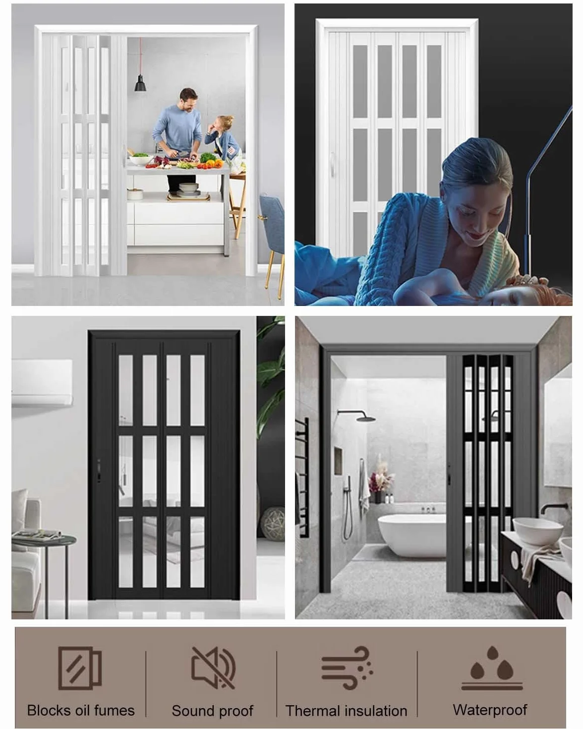 Concertina składane drzwi przesuwne, montaż bez wiercenia, z taśmą klejącą, nowoczesny design do wewnętrznego wejścia lub szafy