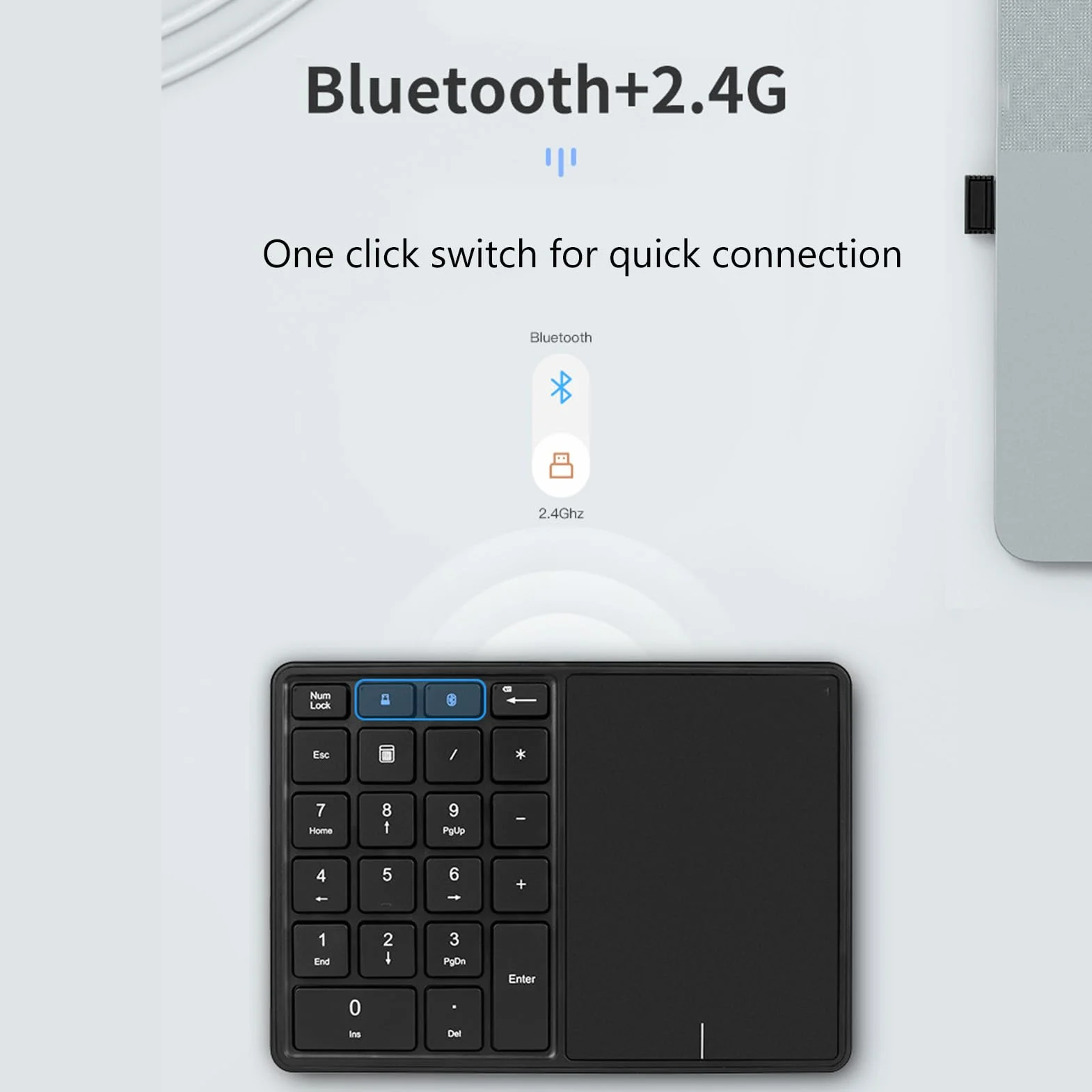 Bezprzewodowa klawiatura numeryczna z touchpadem, blok numeryczny Bluetooth do laptopa, 22 przyciski, bezprzewodowa klawiatura numeryczna BT Dual Mode Numeric Keypad, 2,4 G 2 w 1, przenośna klawiatura