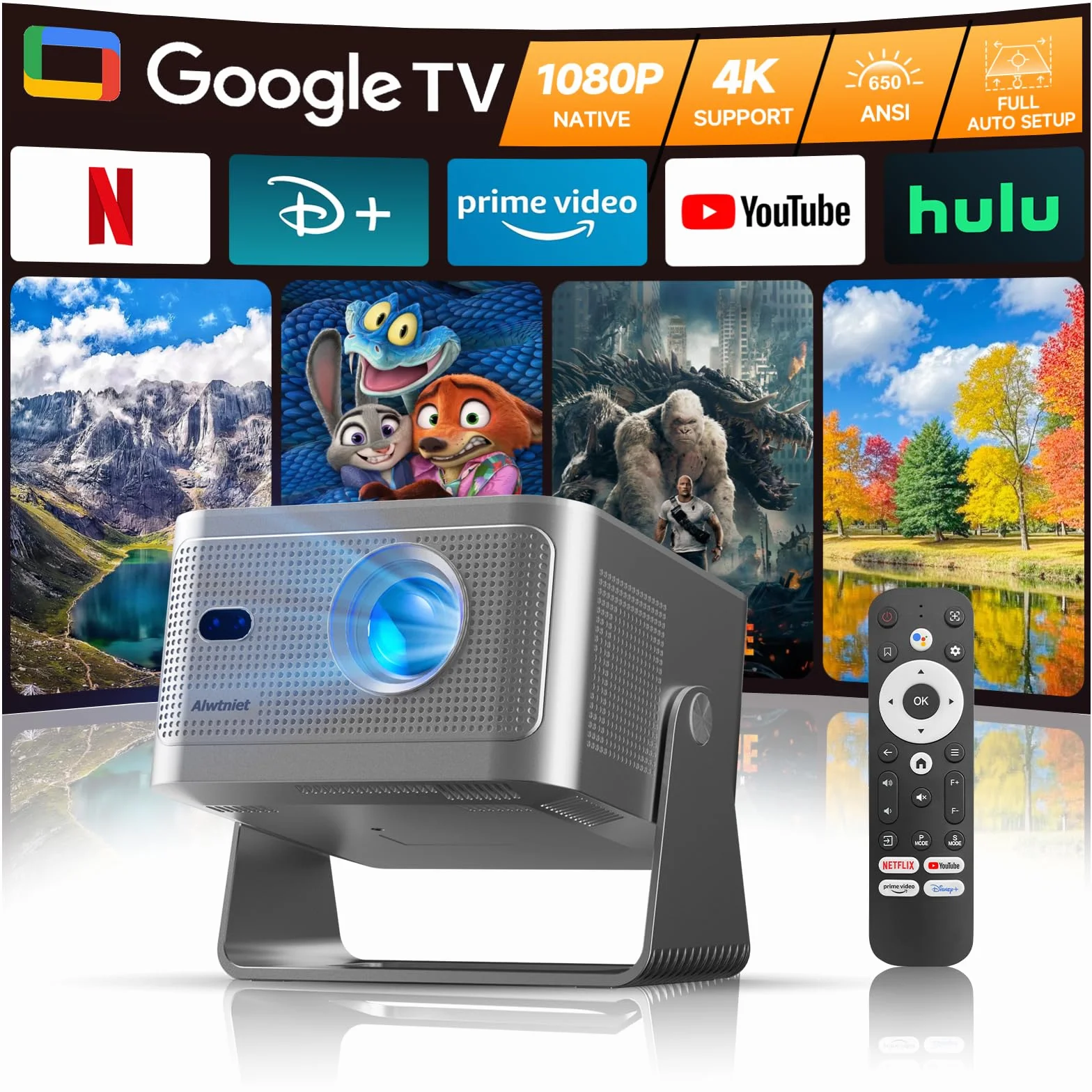 Projektor 4K z Google TV, Full HD 1080p, Bluetooth, WiFi, autofokus, korekcja trapezu, mini projektor kina domowego