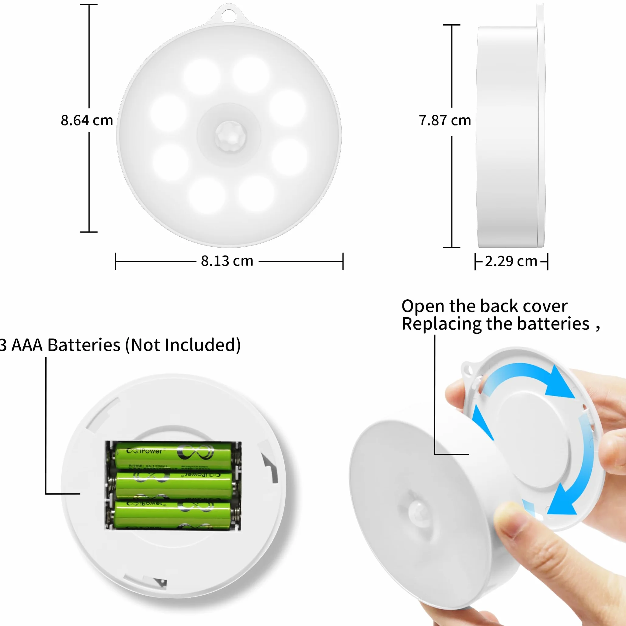 Lampka nocna z czujnikiem ruchu, 3 x baterie AAA, bezprzewodowe lampki LED do naklejenia, oświetlenie szafki, czujnik ruchu do wewnątrz na schody, kuchni, pokoju dziecięcego (zimna biel, 3 sztuki)