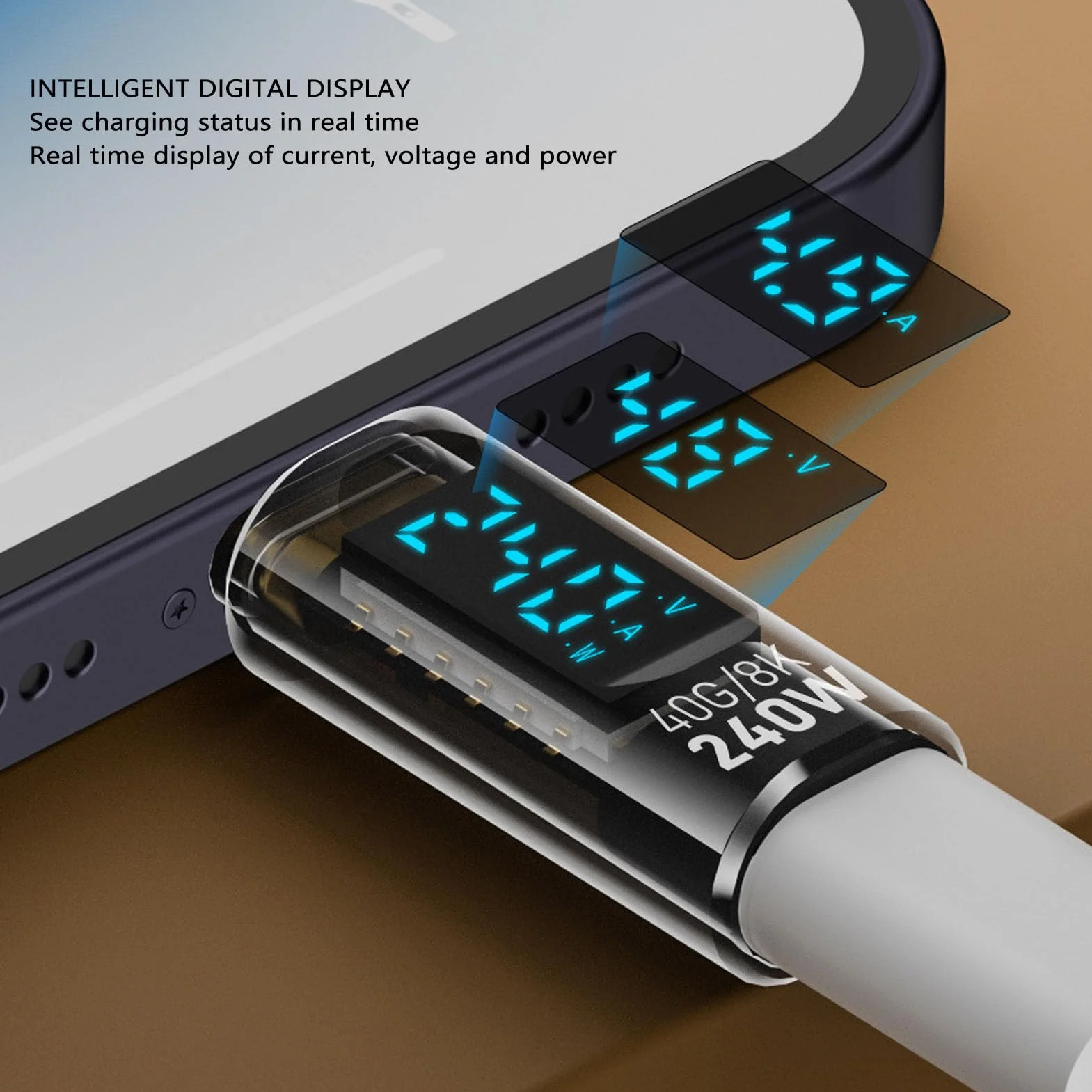USB C Adapter Meter Meter Tester 240W USB C Mężczyzna do Kobiet Adapter Przedłużający 40 Gb/S 8k 60 Hz z Cyfrowym Wyświetlaczem LED na podkładkę telefoniczną