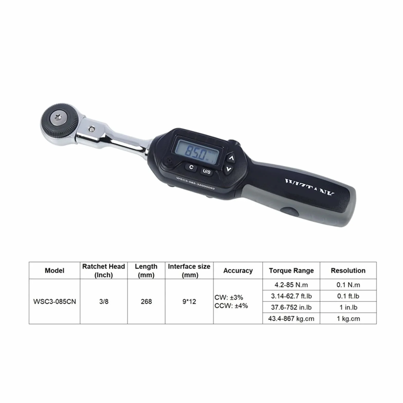 Cyfrowy klucz dynamometryczny 30–135 N·mw/wymienne głowice 1/4"-1/2"(Wsc3-085cn)