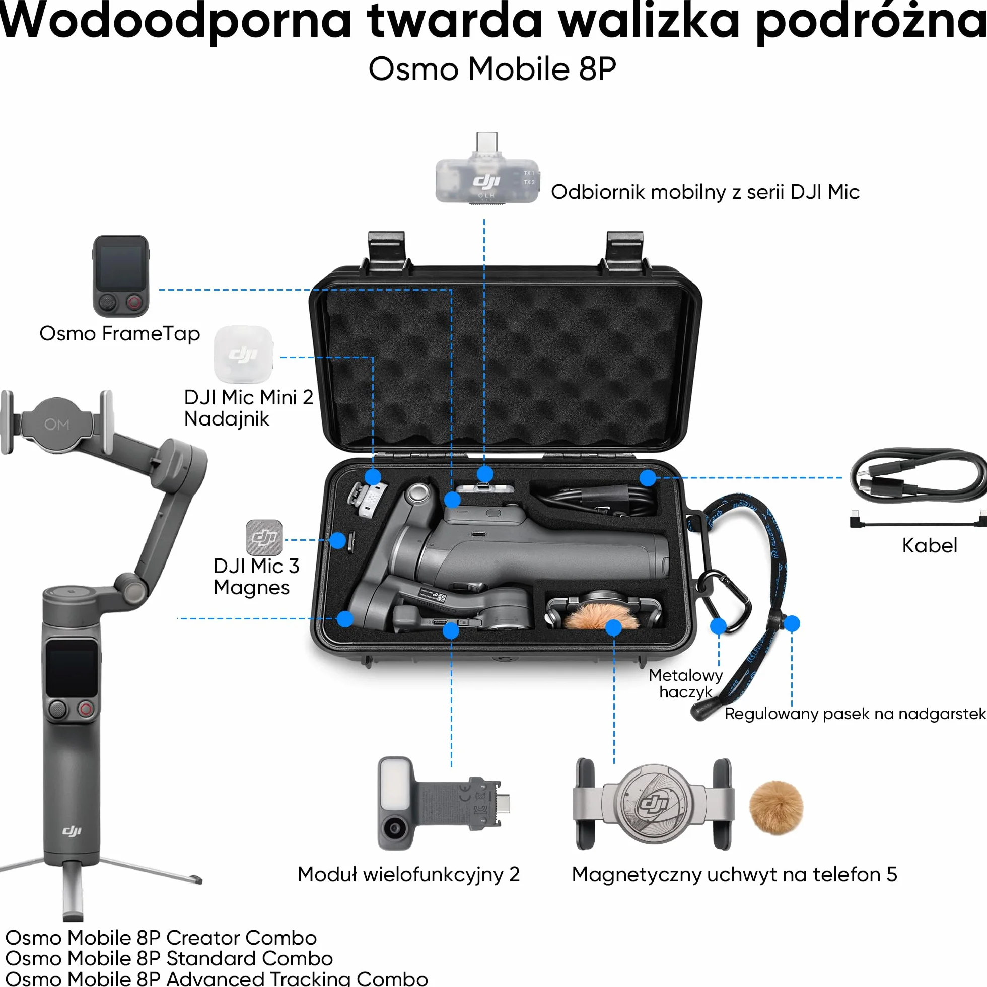 Lekufee podróżne wodoodporne twarde etui do stabilizatora DJI Osmo Mobile 8P i innych akcesoriów (tylko etui i torba)