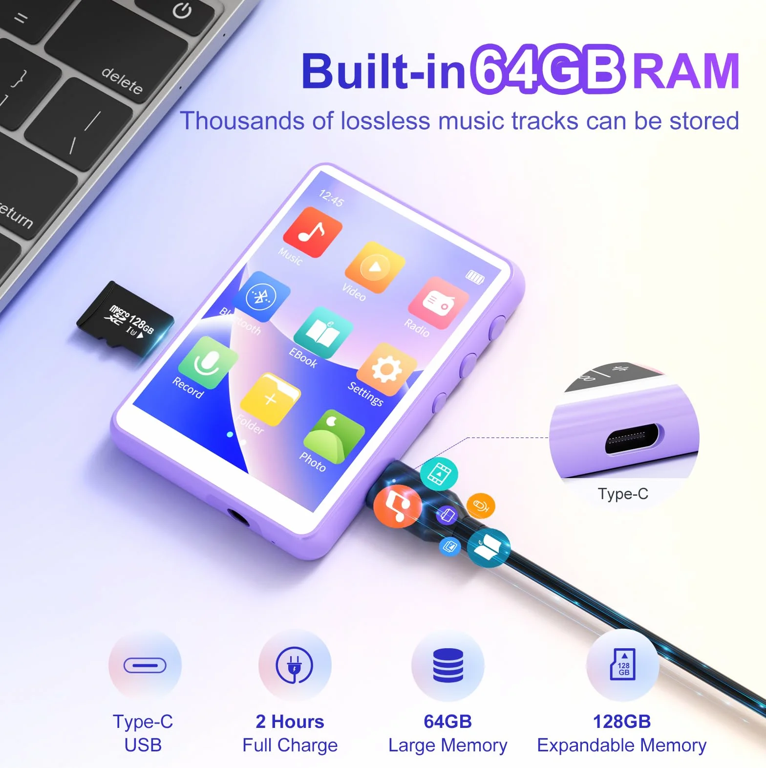 MECHEN Odtwarzacz MP3 Bluetooth 5.3 z ekranem dotykowym, odtwarzacz MP3 64 GB z głośnikiem, dźwięk HiFi, radio FM, muzyka, wideo, e-book, nagrywarka głosu, w zestawie pokrowiec ochronny
