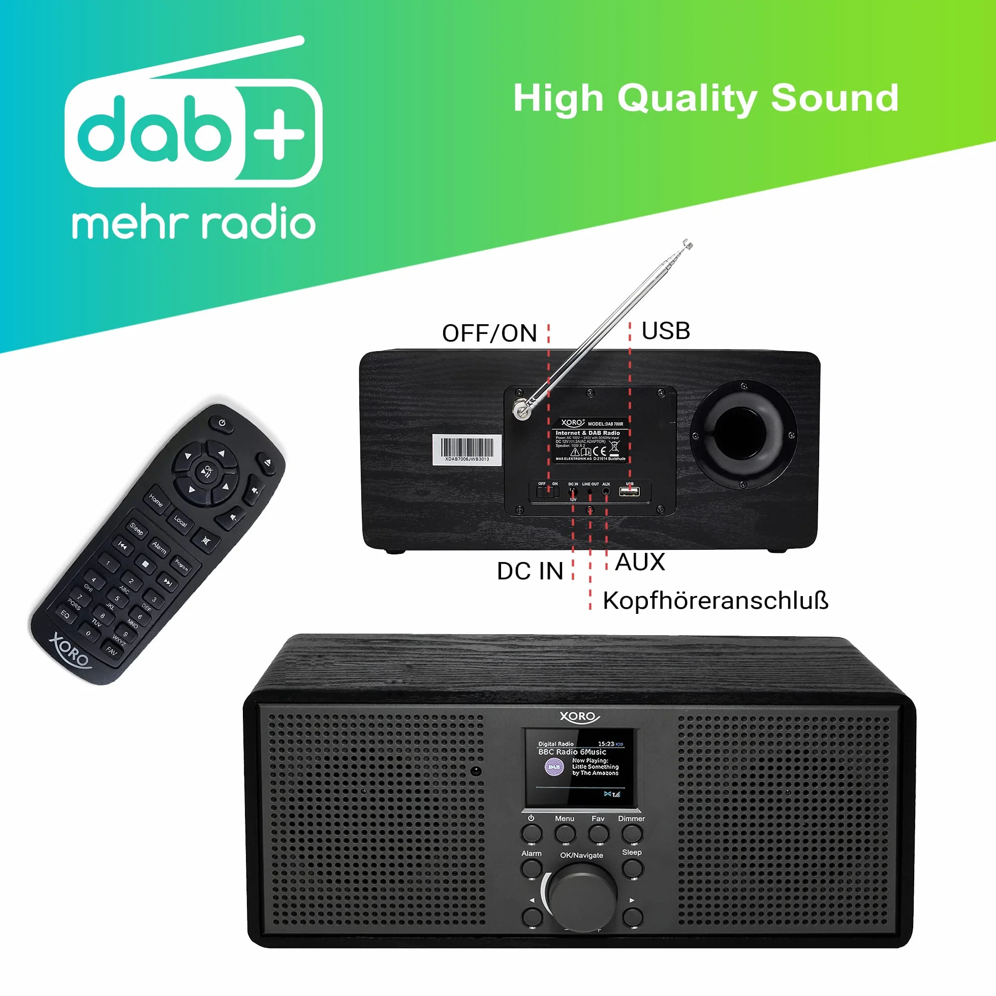 XORO DAB 700 IR radio internetowe WLAN UKF DAB+ Spotify Connect Bluetooth USB Mediaplayer głośnik stereo 2x10W budzik kolorowy wyświetlacz