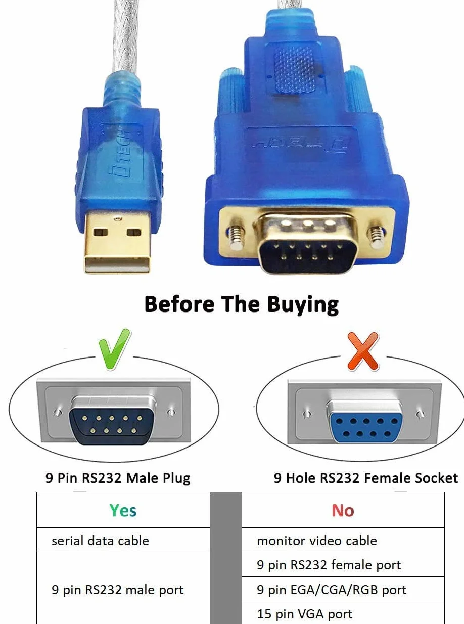 DTech USB na RS232 DB9 adapter szeregowy z chipsetem FTDI, obsługuje Windows 11 10 8 7 i Mac Linux (1,2 m)
