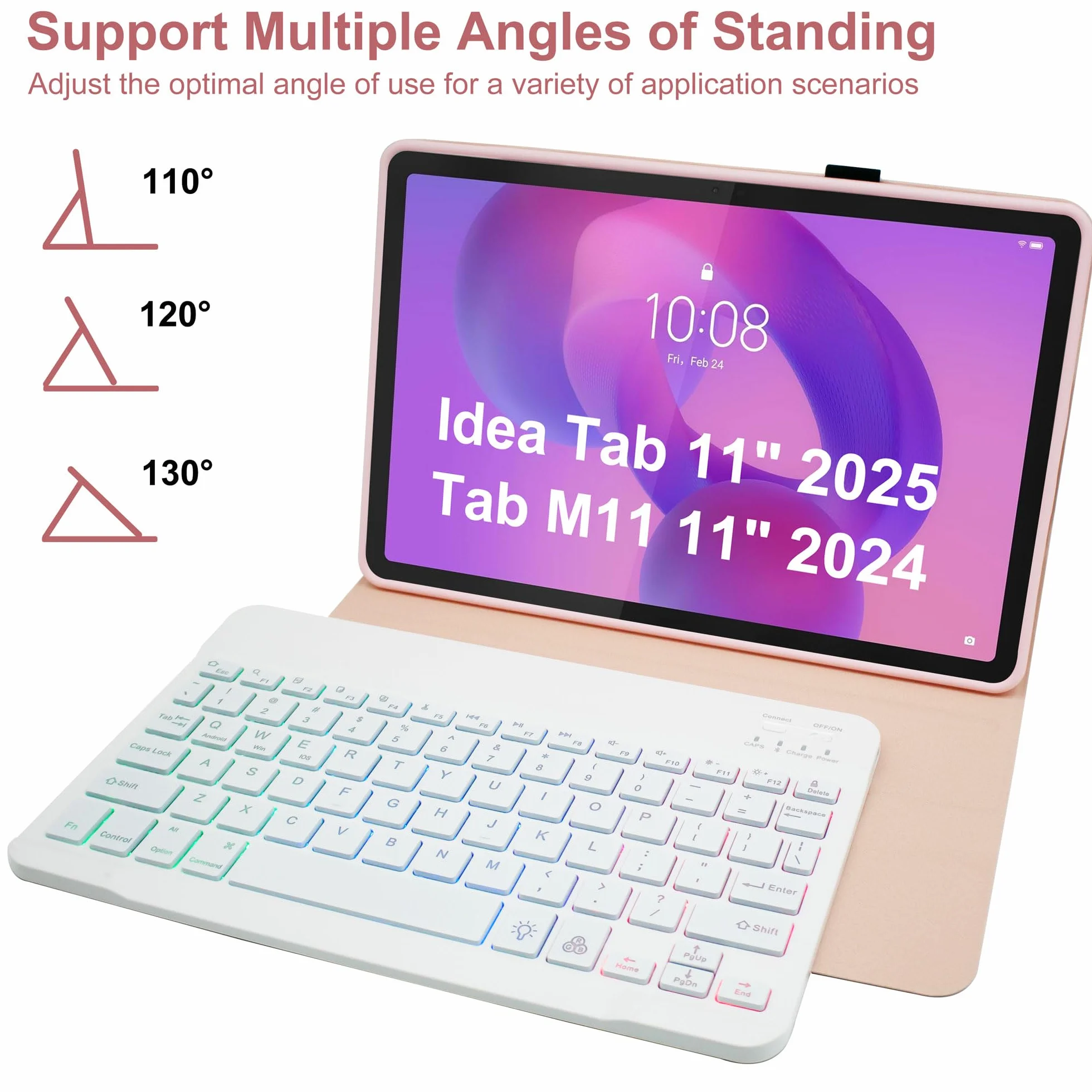 Etui na klawiaturę Lenovo Tab M11 11" 2024, podświetlana klawiatura 7-kolorowa z myszką, TPU, różowy