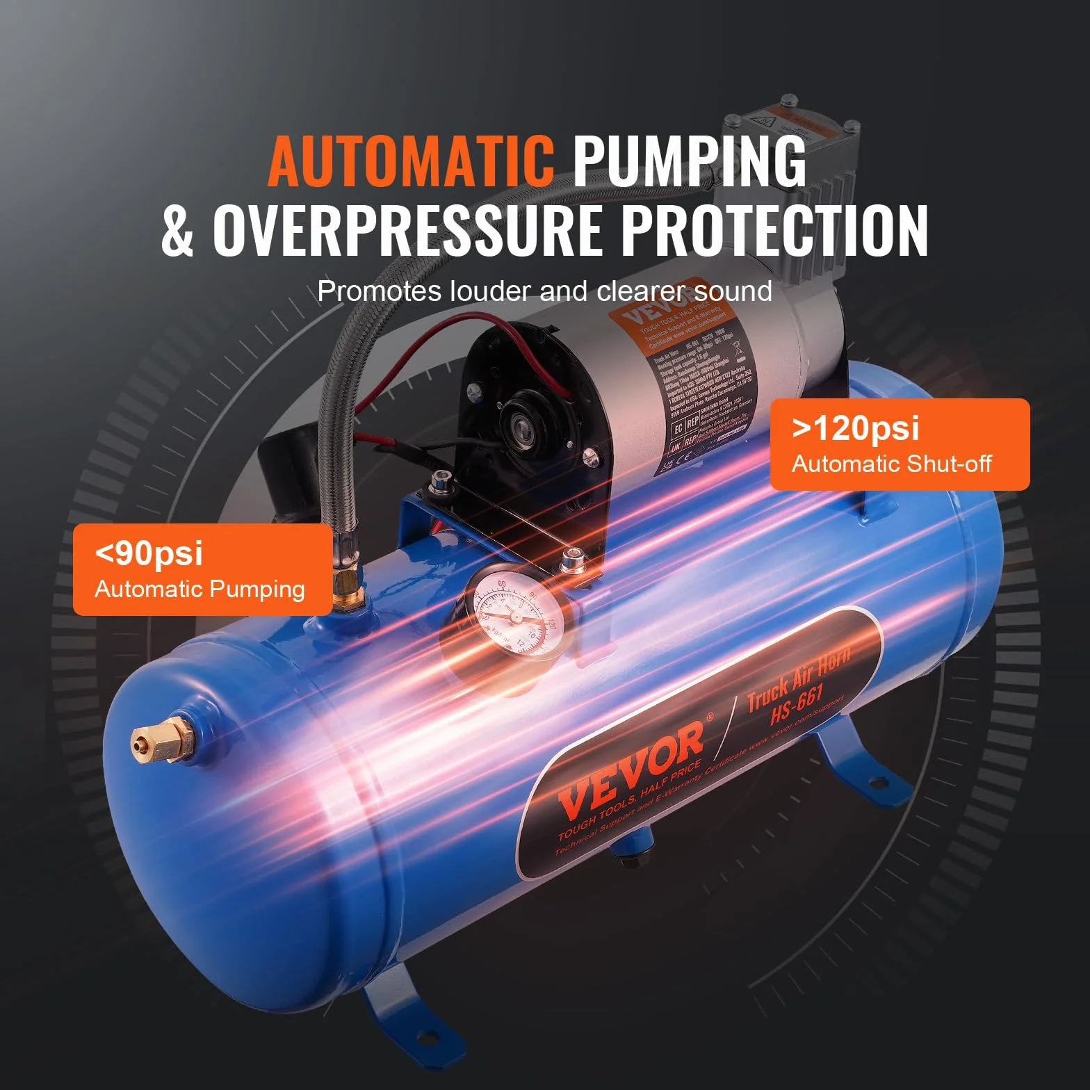 VEVOR Zughorn sprężarka powietrza ze zbiornikiem 6 l, 12 V, zestaw kompresorów powietrza 90-120 psi, zintegrowany system sprężarki powietrza do pompowania opon, ciężarówek, SUV-ów itd. Niebieski