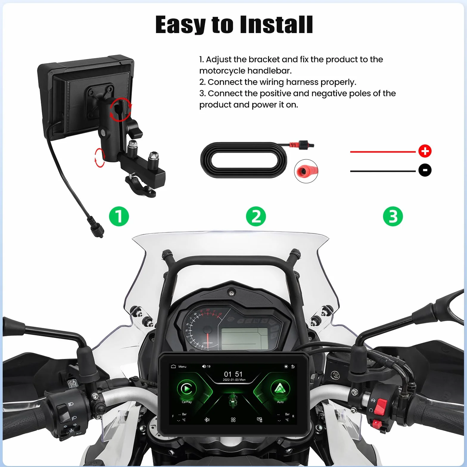 Przenośny wyświetlacz CarPlay motocyklowy bezprzewodowy IP68 wodoszczelny GPS Bluetooth