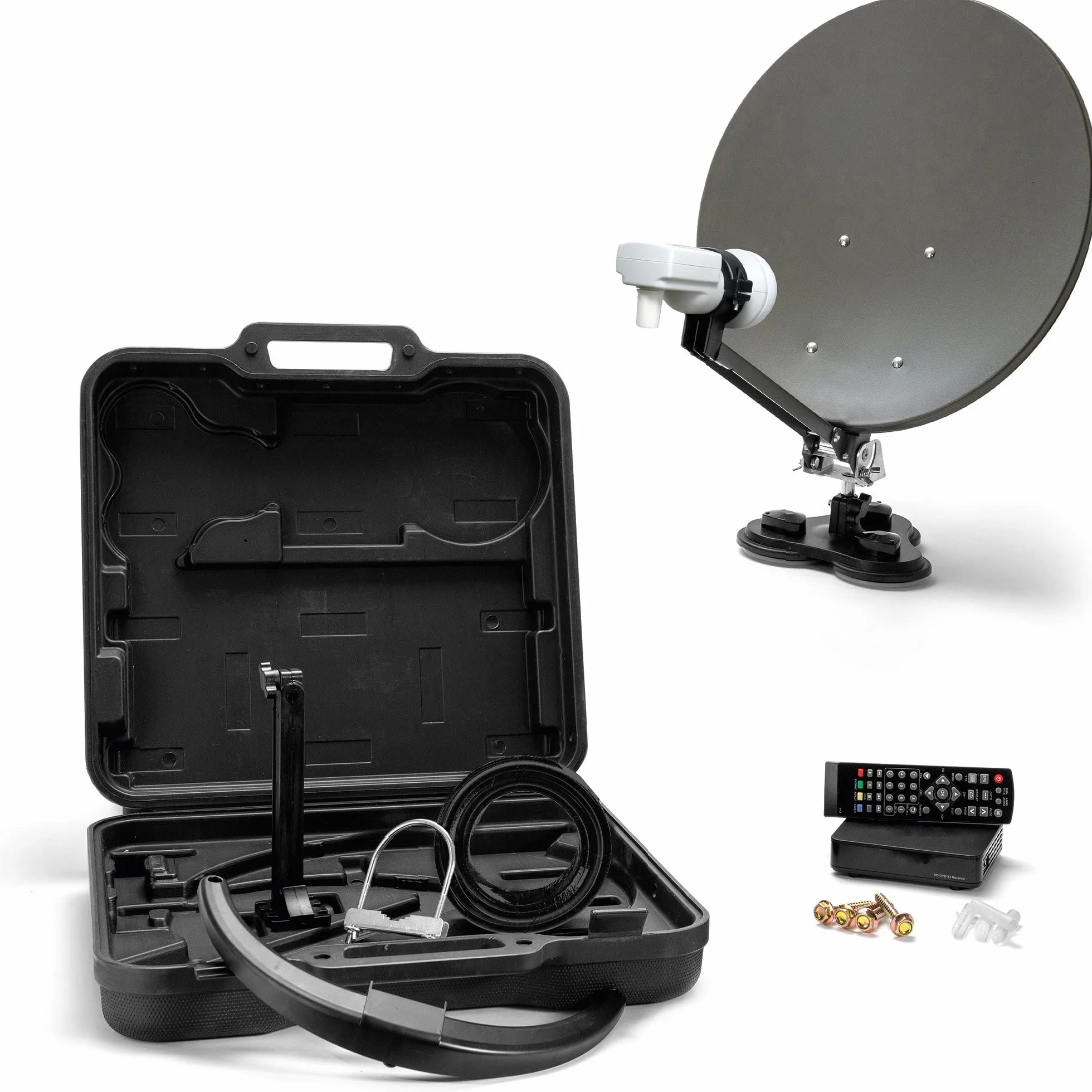 XORO 38,5 cm kempingowa antena satelitarna MCA 38 HD, w zestawie odbiornik DVB-S2 FullHD, pojedynczy LNB ze zintegrowanym satfinderem, kablem 10 m, uchwytami, w twardej obudowie