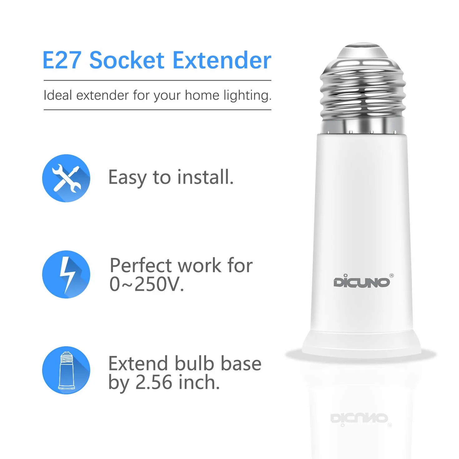 DiCUNO E27 Adapter podstawowy 6,5 cm przedłużacz, E27 Standardowy przedłużacz gniazda lampy, przedłużacz żarówki, adapter do uchwytu lampy, opakowanie 6 szt
