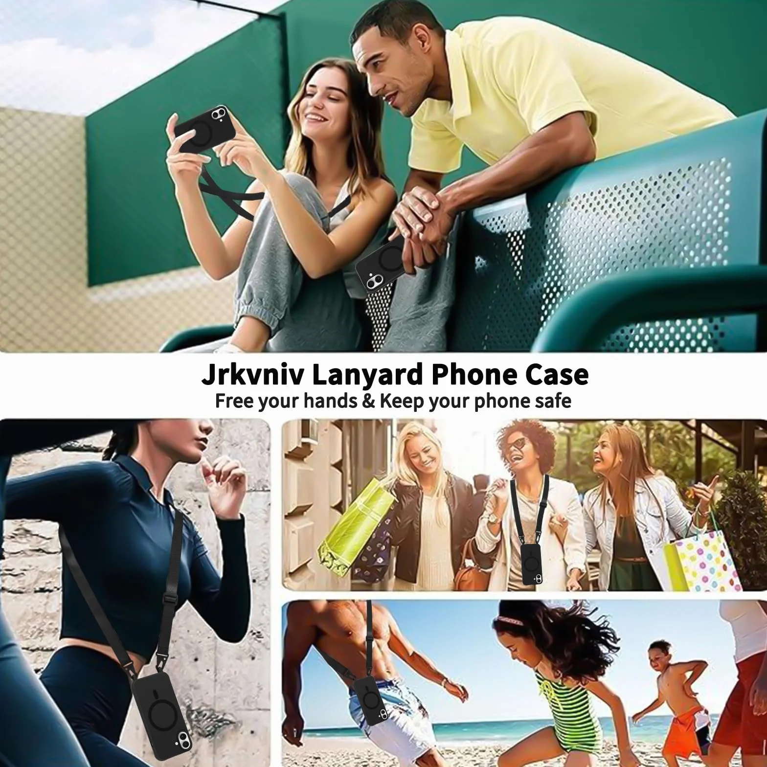 Magnetyczne etui silikonowe na iPhone 17 6.1" z paskiem na szyję, czarne