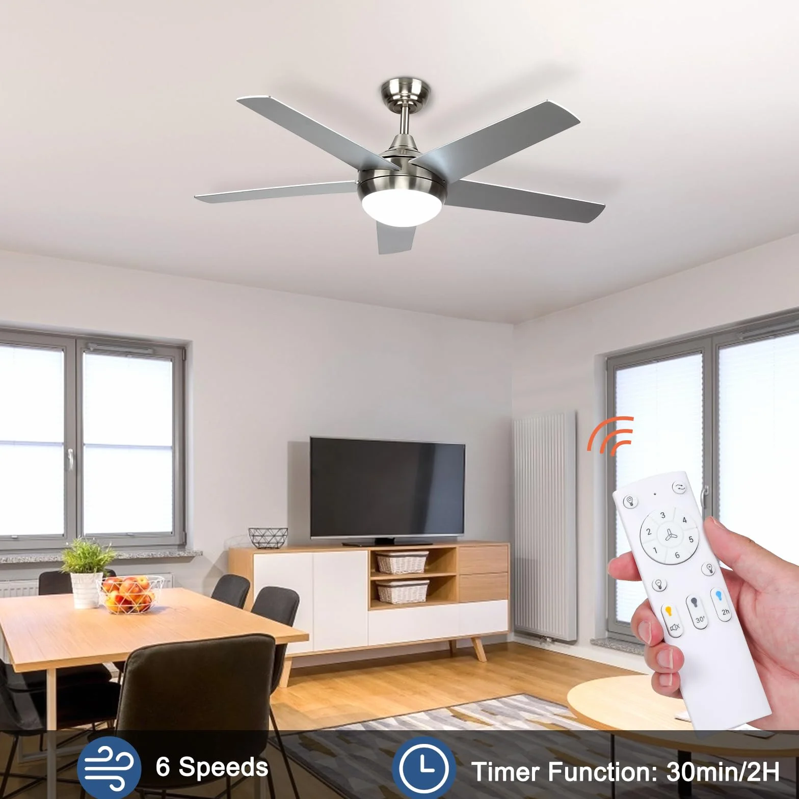 Wentylator sufitowy z pilotem zdalnego sterowania, wentylator sufitowy 30W DC z oświetleniem LED, 3000K-6500K, 52'' 5 łopatek 6 prędkości wentylatora do salonu sypialnia klasa jadalnia kuchnia biura