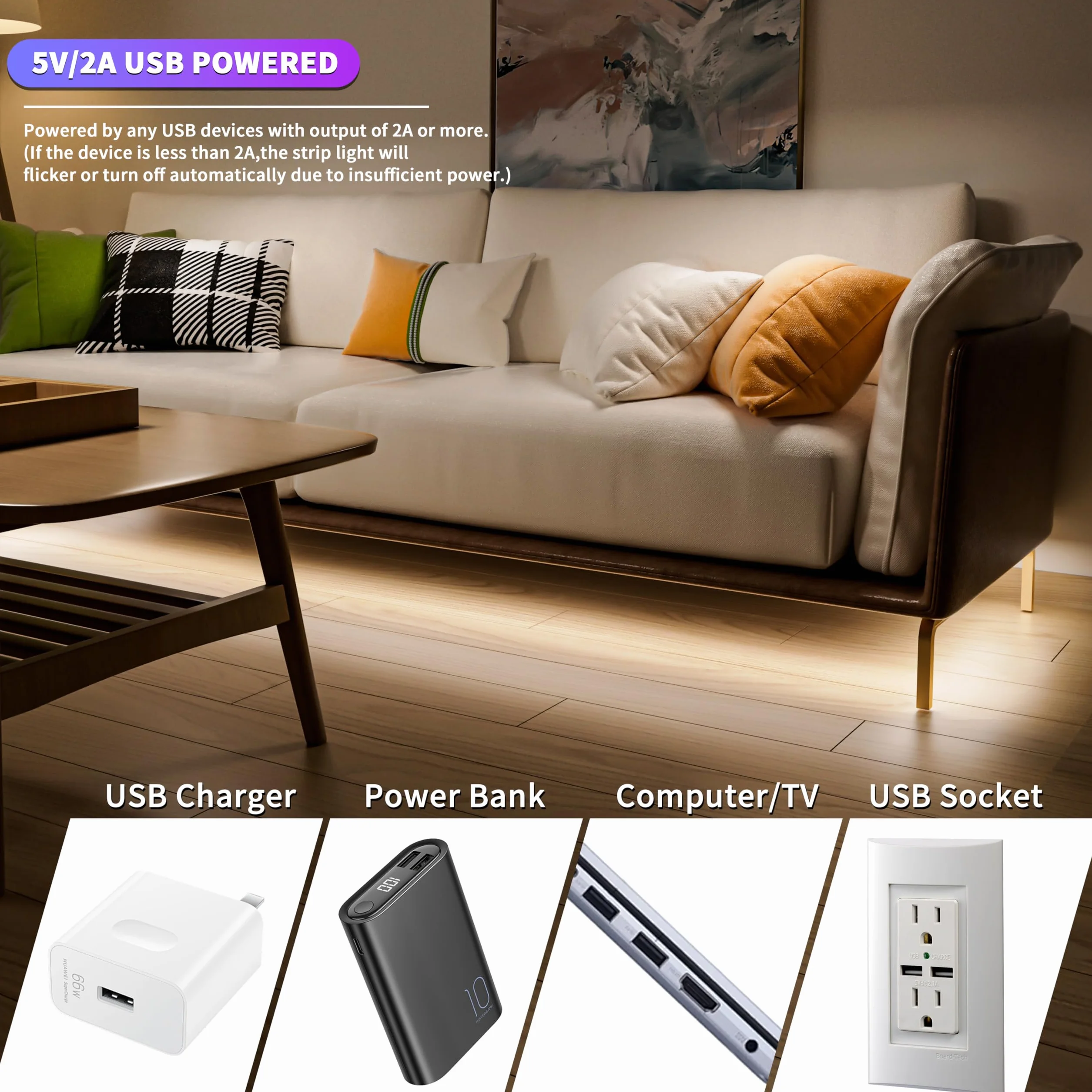 OULARA Taśma LED USB COB 5 V zimna biel 6000 K, 3 m, możliwość ściemniania, 960 diod LED COB LED, elastyczna taśma LED z funkcją pamięci, do oświetlenia tła telewizora, sypialni, lustra