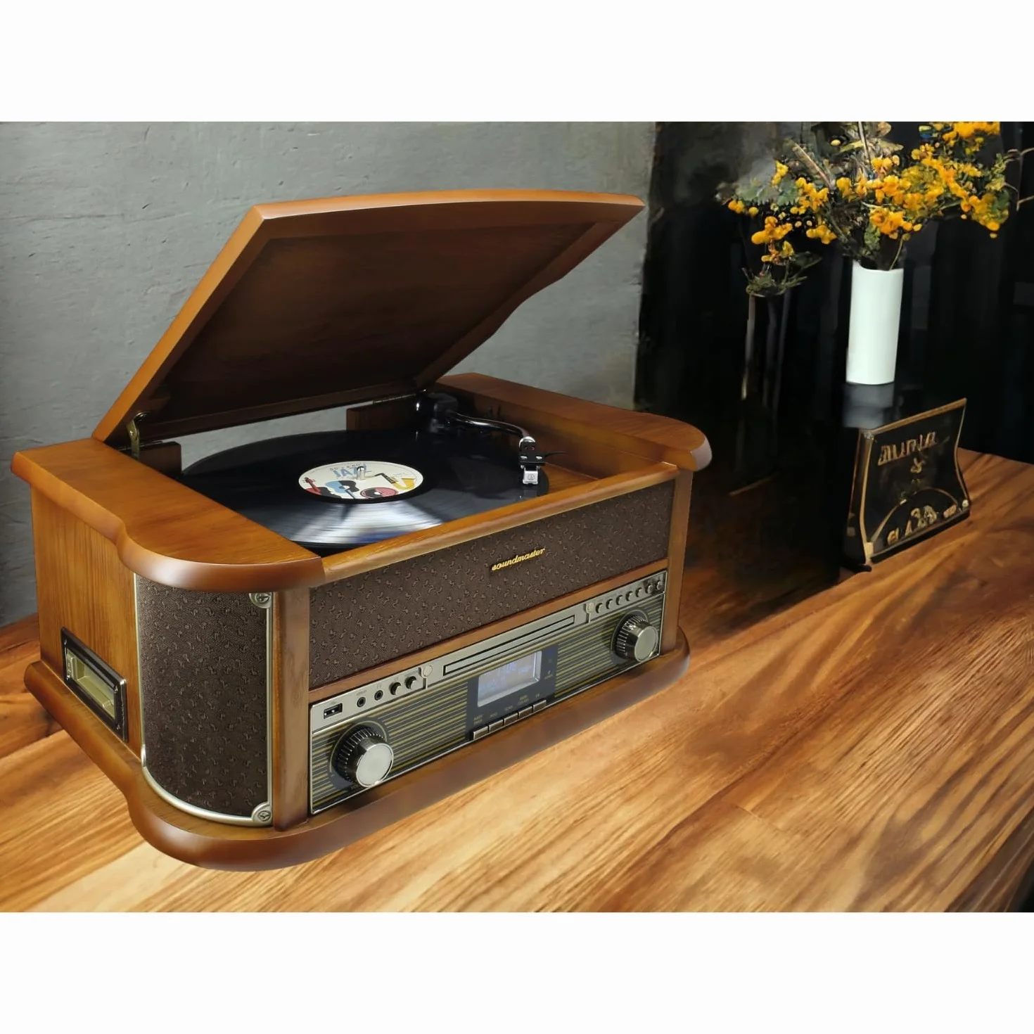Soundmaster NR566BR Nostalgie Stereo DAB+ FM radio cyfrowe z gramofonem wraz z systemem odbiornika dźwięku magnetycznego Audio Technica, CD/MP3, USB, kaseta, Bluetooth i kodowanie retro