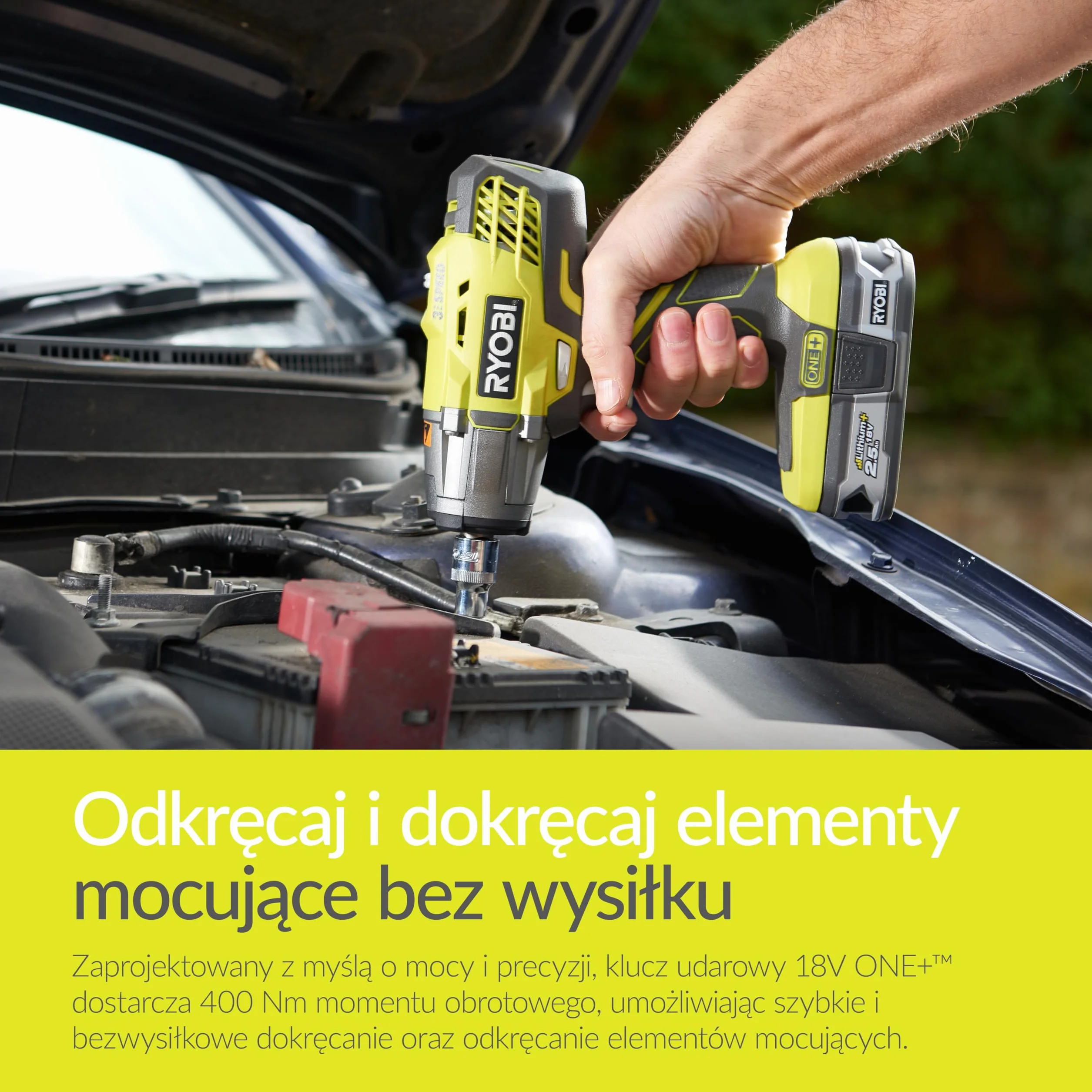 Ryobi Akumulatorowy Klucz Udarowy R18IW3-0, 18 V, 400 Nm, Uchwyt 1/2", 3 Ustawienia Prędkości, Światło LED