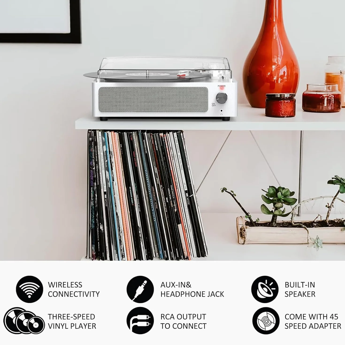 Gramofon bezprzewodowy LP z winylem, 3-biegowy napęd pasowy, retro biały