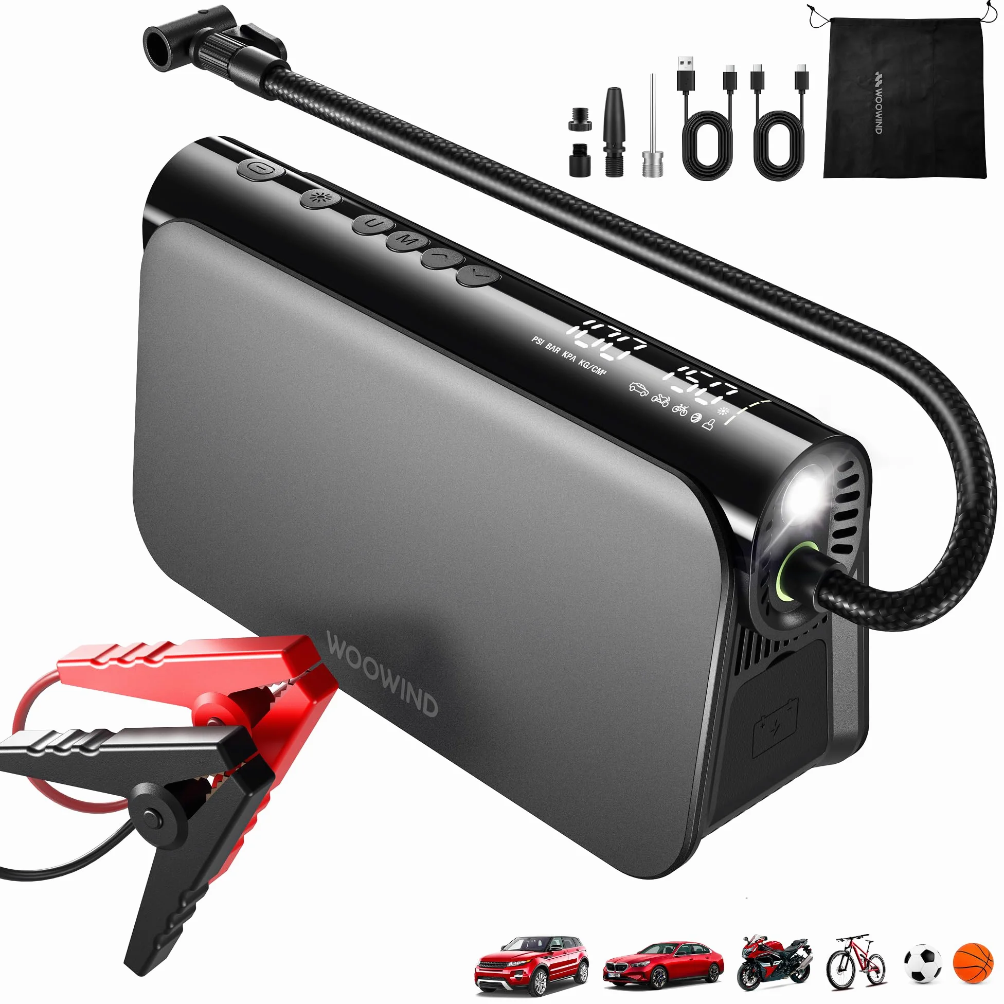 Wooowind Bora Plus 3w1 Przenośny Kompresor do Opon 150PSI | Rozrusznik awaryjny, pompka opon, powerbank, auto wyłączanie, LED, manometr, dysze, 10,3 BAR