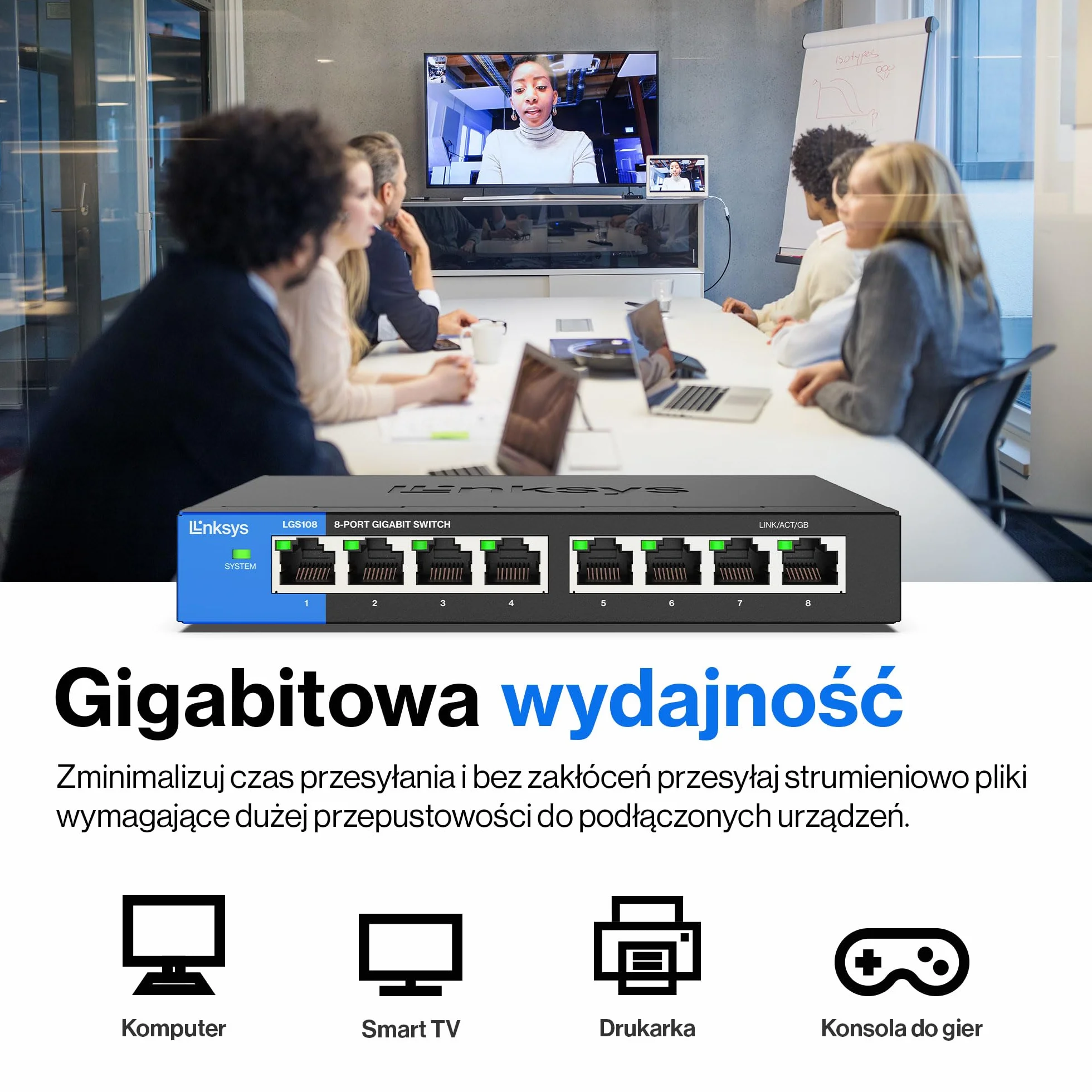 Linksys LGS108-EU 8-portowy Przełącznik Sieciowy Gigabit (bez wentylatora, funkcja Auto Sensing, funkcja oszczędzania energii), Czarny