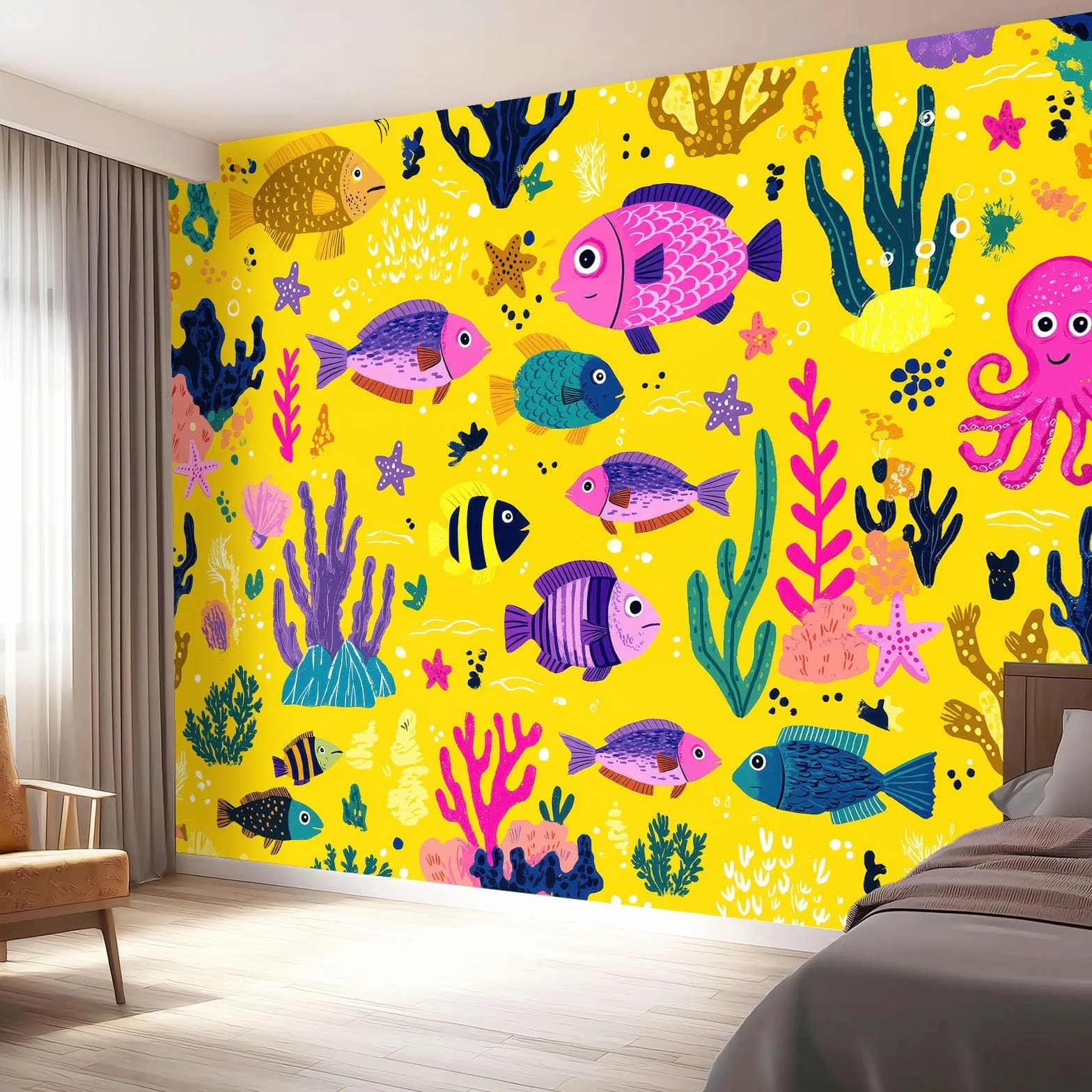 Zabawa dziecięca Rozgwiazda Rozgwiazda Fish Tynk Fototapeta Moda Mural Dekoracja ścienna 400 x 280 cm Gigantyczny plakat Projekt Papier ścienny Żółty