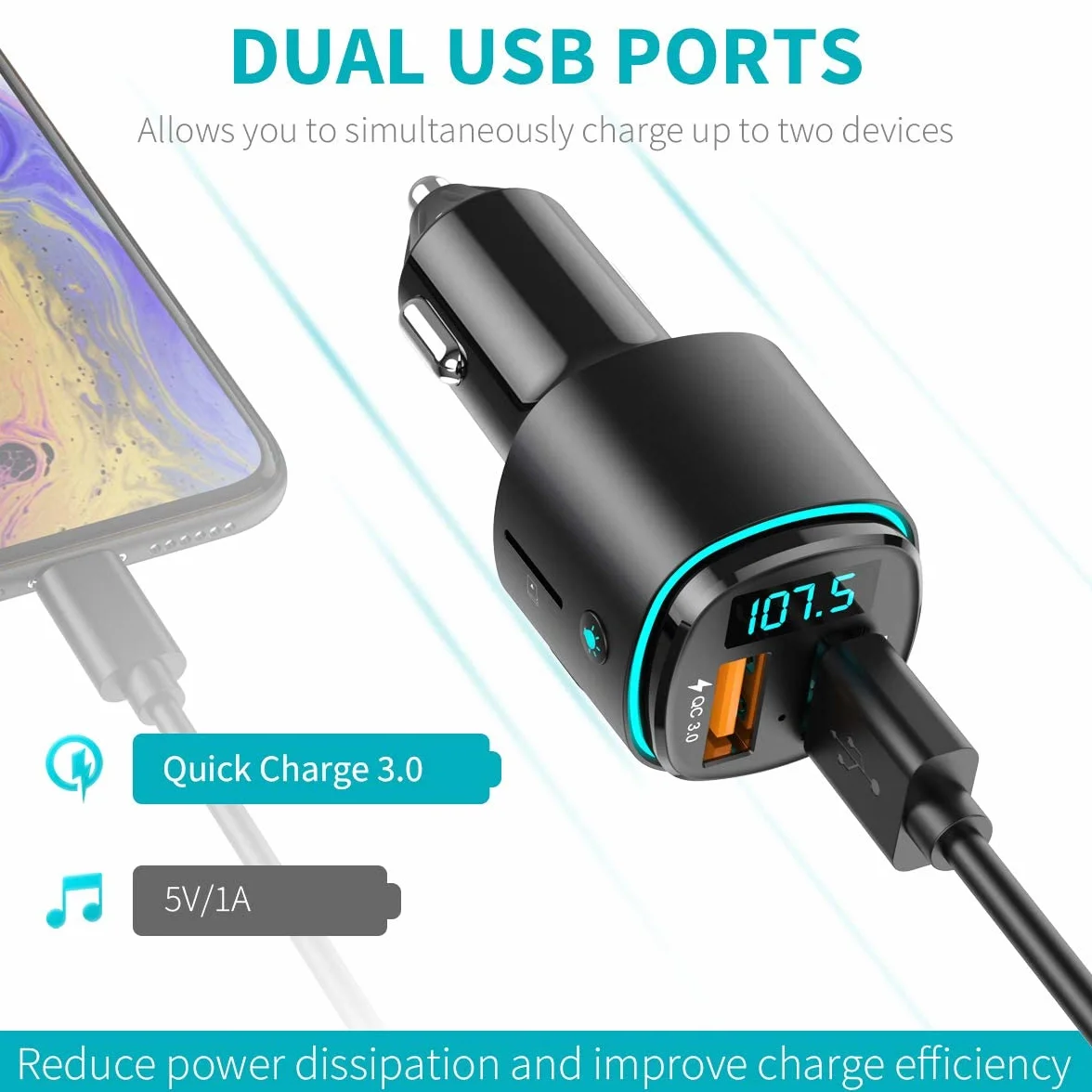 ORIA nadajnik FM Bluetooth samochodowy z QC 3.0 USB, obsługa USB/TF, czarny