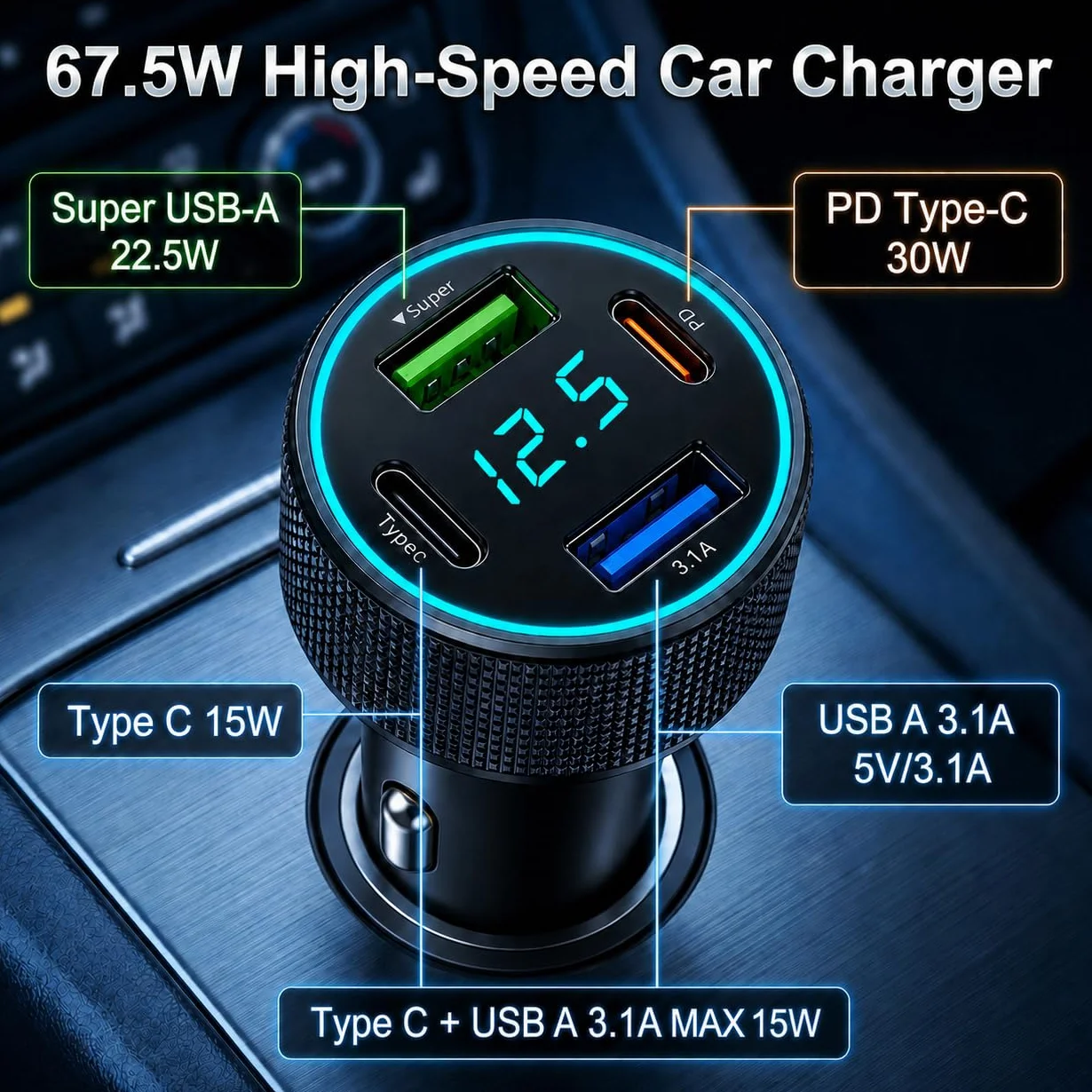 Ładowarka samochodowa 67,5W 4 porty USB C PD 30W USB A QC 22,5W z wyświetlaczem LED napięcia 12V/24V