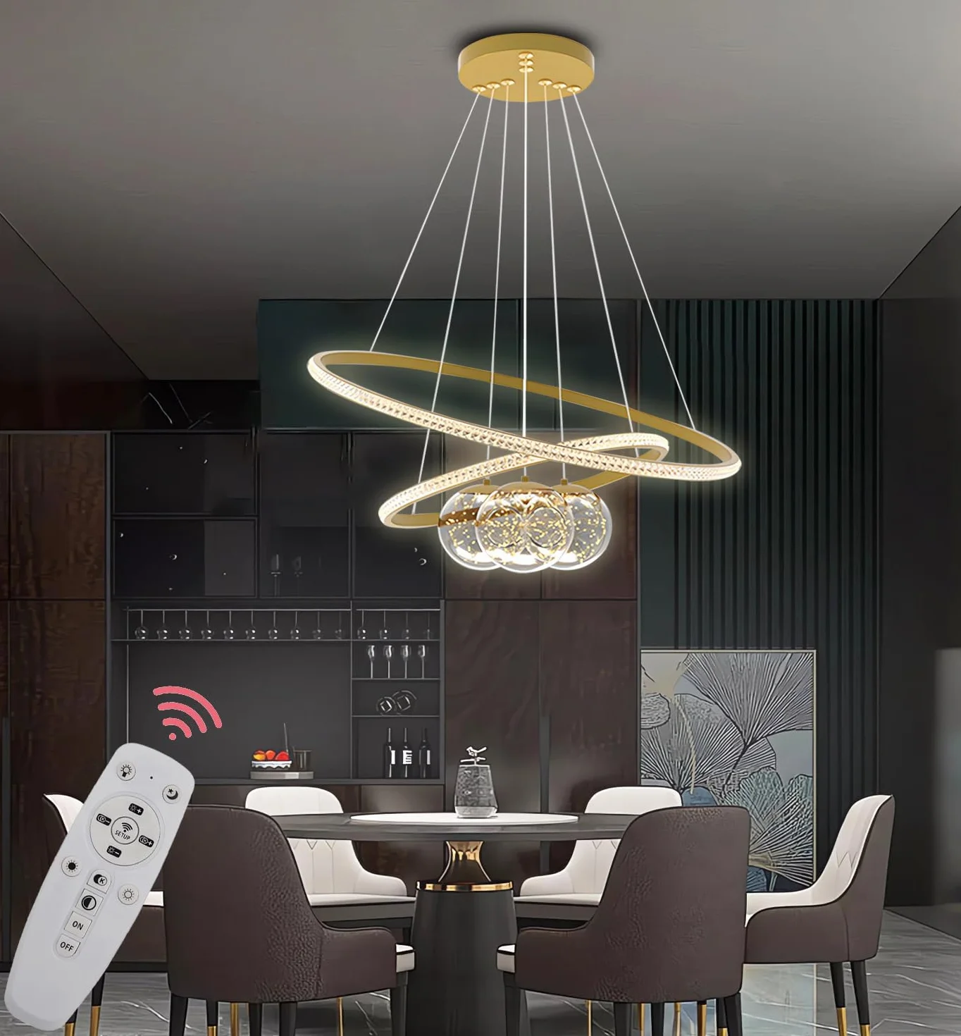Metalowy żyrandol LED,3 okręgi 40+60+80 cm,lampa sufitowa z regulacją jasności 120 W,pilot zdalnego sterowania 3000-6500 K, lampa wisząca z akrylowym kloszem,oprawy oświetleniowe (Złoto, 60+80)