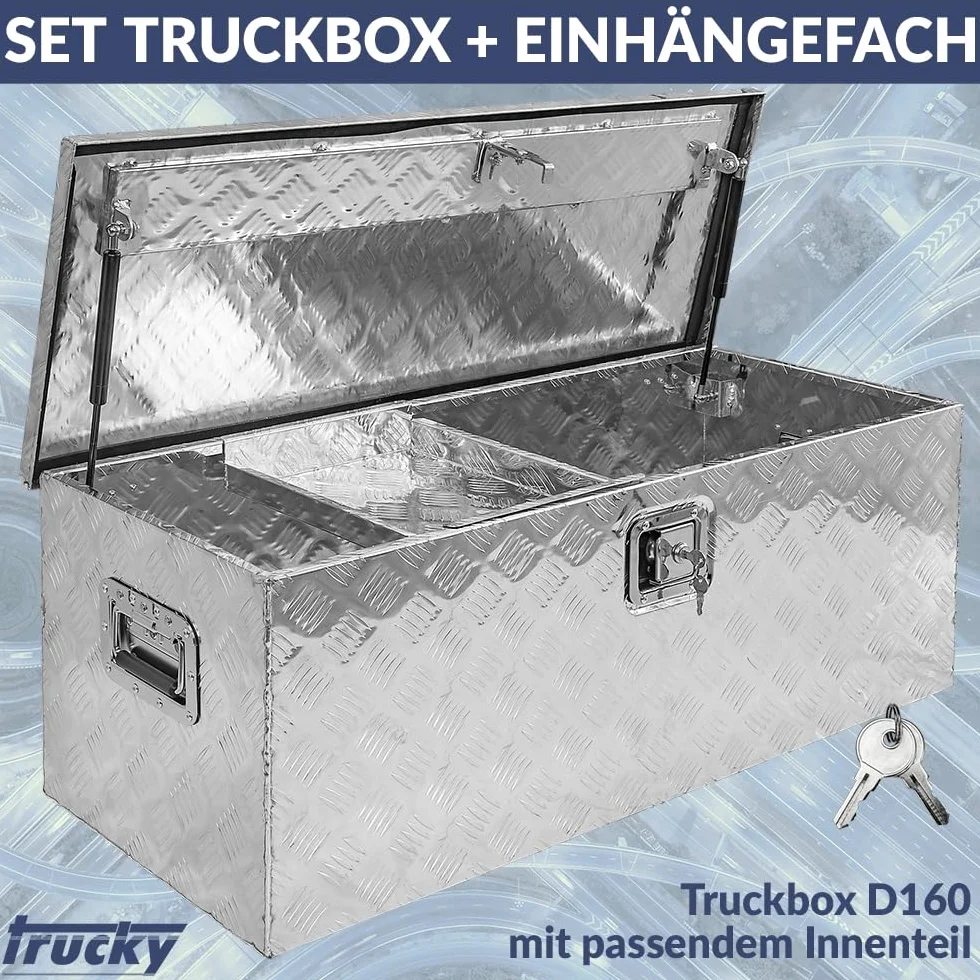Zestaw D160 + schowek do zawieszania, skrzynka narzędziowa, skrzynka na przyczepę, aluminiowa skrzynka na przyczepę, pojemnik aluminiowy, pojemnik na wkładkę, pojemnik na przybory Trucky