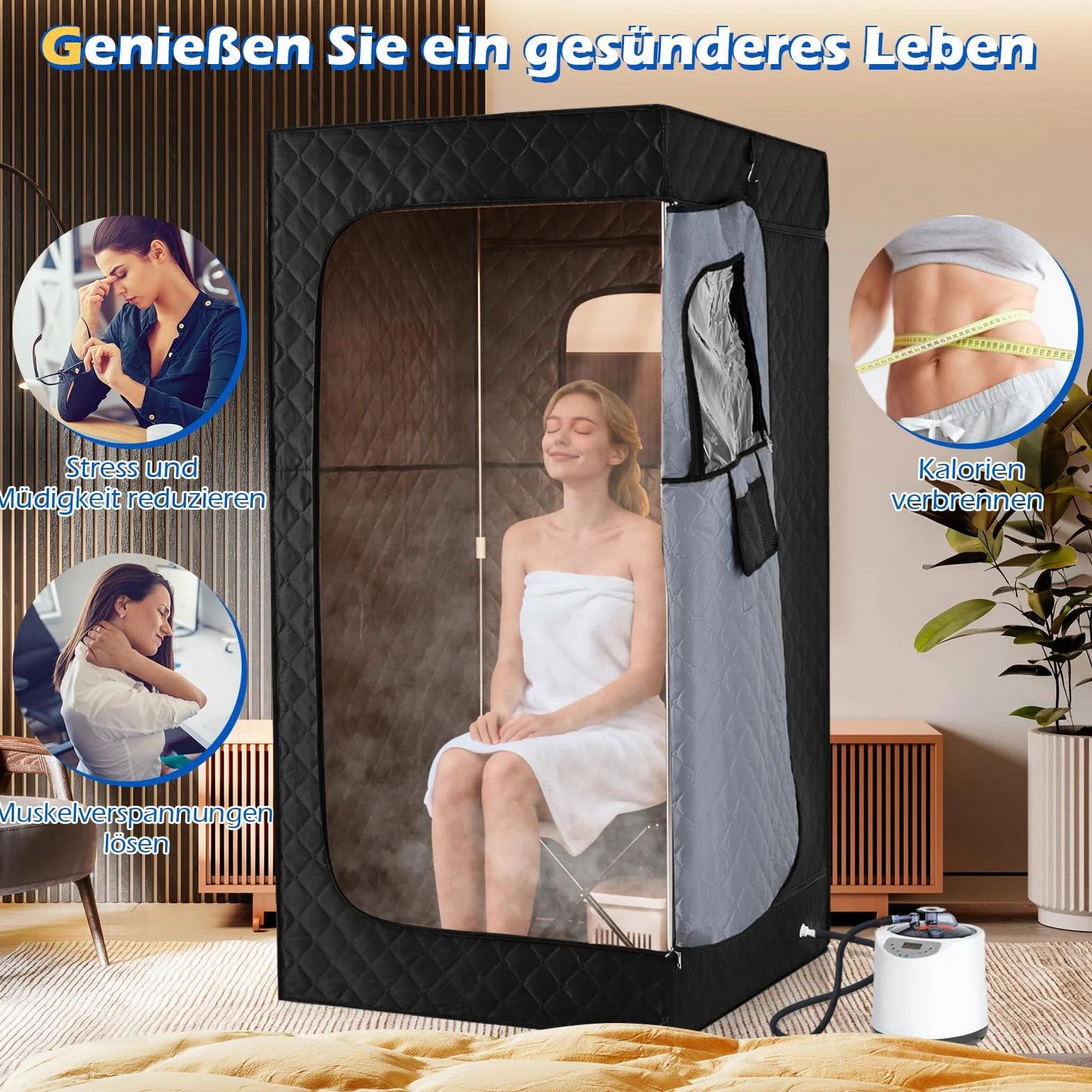 COSTWAY Sauna parowa 3 l, 1200 W, namiot do sauny z 15-stopniową regulacją temperatury, pilot zdalnego sterowania, timer, składane krzesło i mata, przenośna sauna domowa (88 x 88 x 179 cm, czarna)