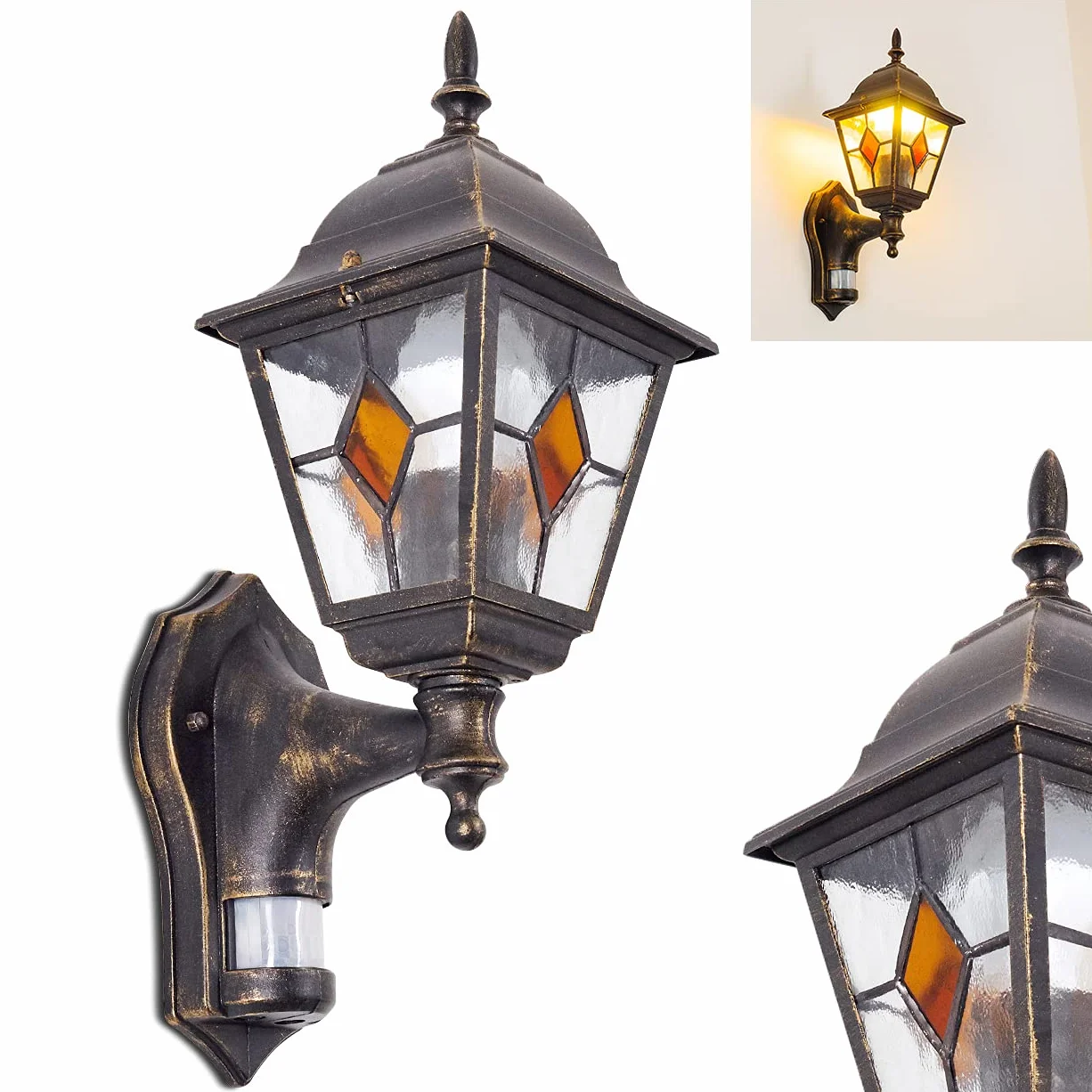 Zewnętrzna lampa ścienna Antibes z czujnikiem ruchu, z odlewu aluminiowego w kolorze brązowym/złotym z przezroczystymi szybami,/podwórko z oprawką E27 w kolorze antycznym, bez żarówek