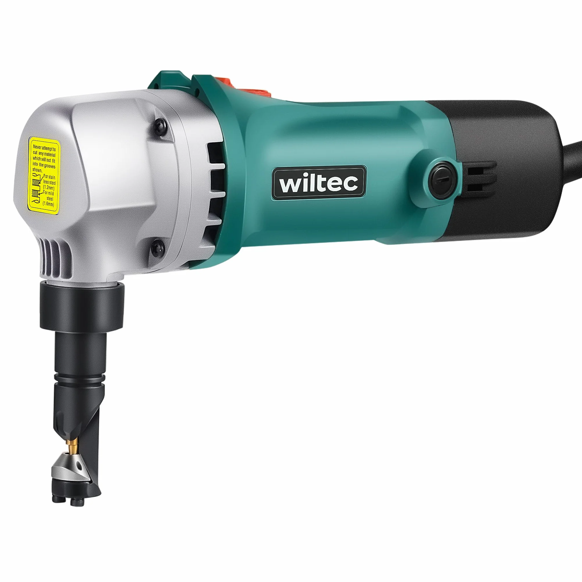 Wiltec Nożyce do blachy elektryczne 500 W, maks. głębokość cięcia 2,5 mm bez deformacji do blach prostych i falowanych, obrotowa głowica 360°