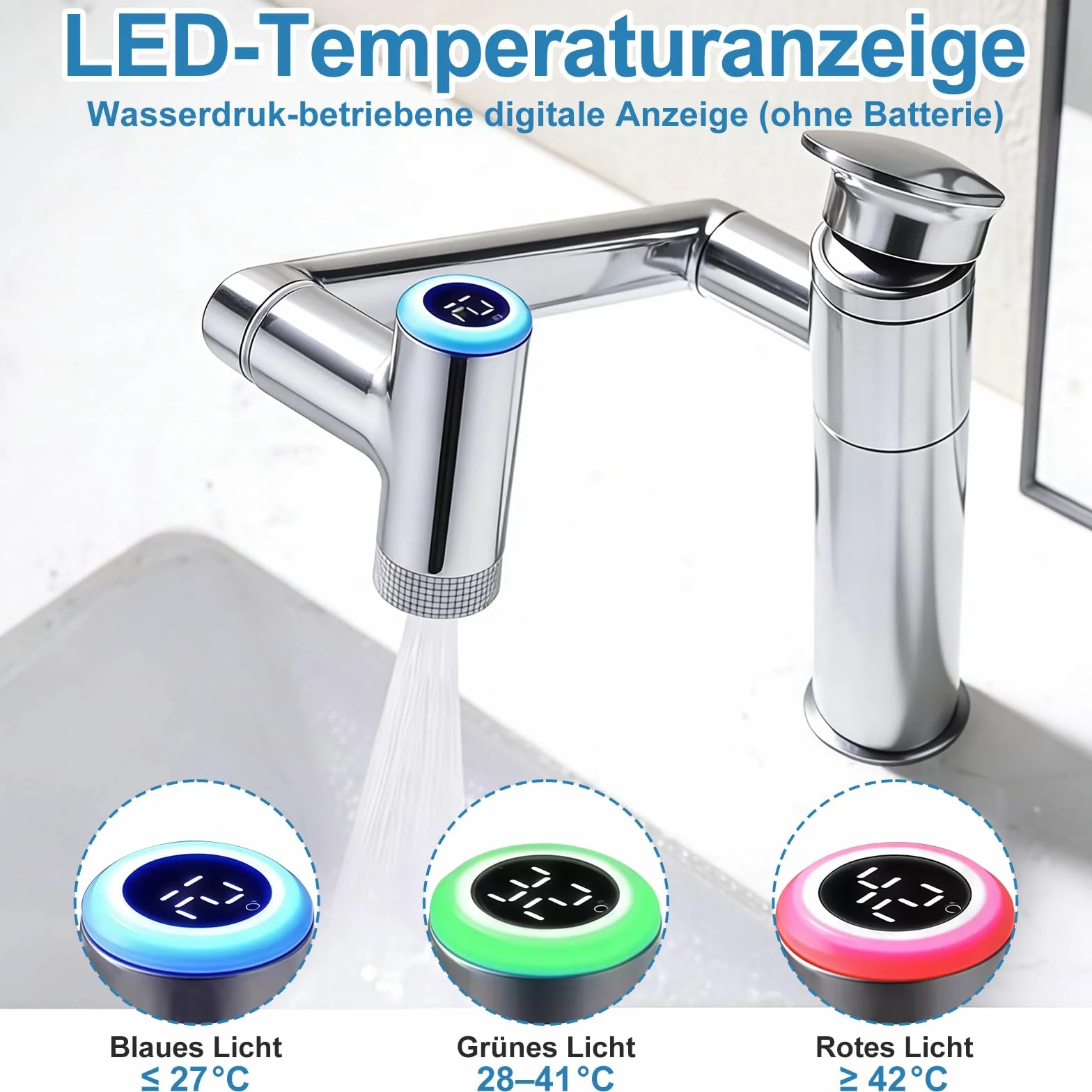 Bateria łazienkowa, obracana o 1080°, armatura umywalkowa, z regulacją wysokości