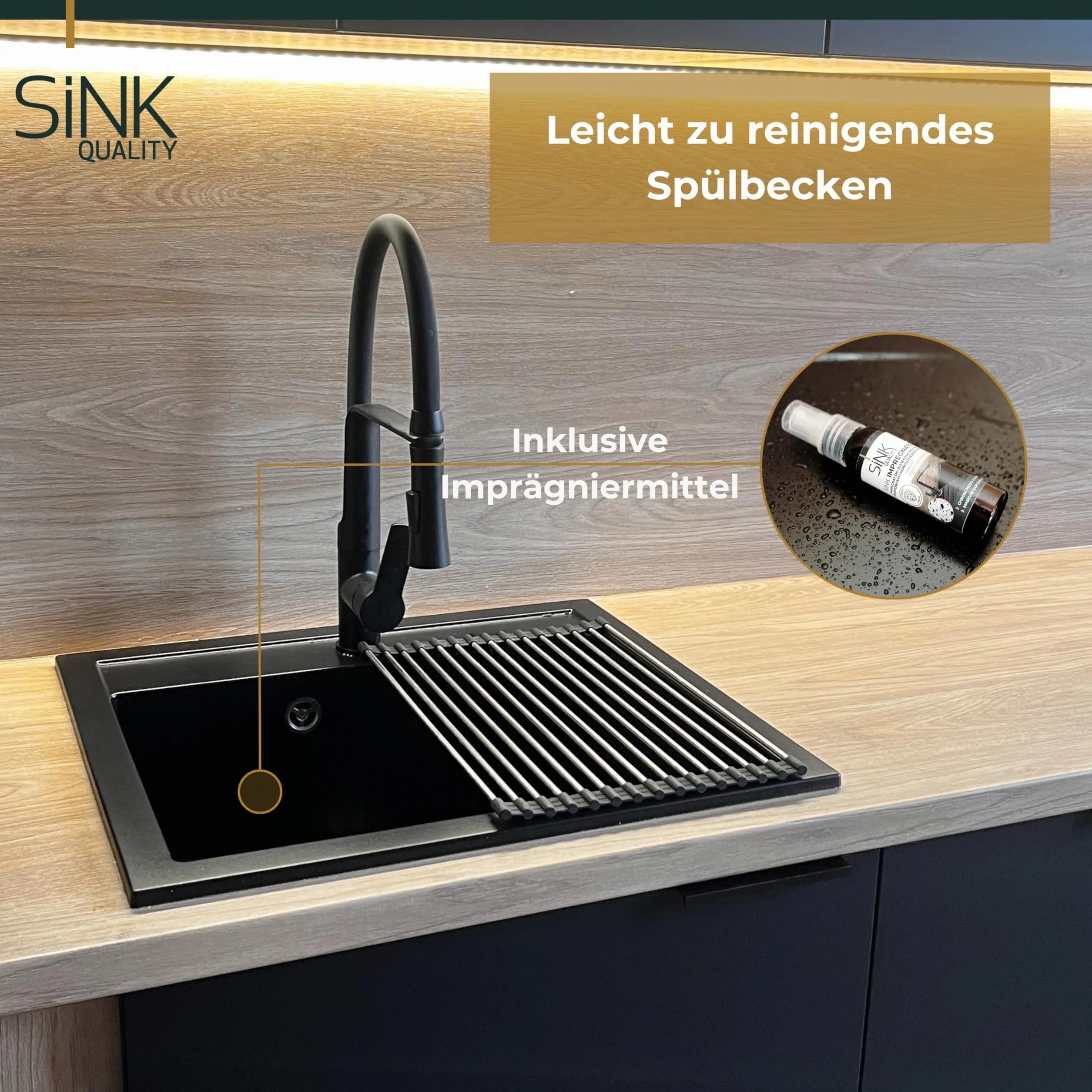 SINK QUALITY zlewozmywak granitowy biały 56 x 51 cm – zlewozmywak granitowy ze złotym syfonem i impregnacją – zlewozmywak do szafek od 60 cm szerokości – pojedynczy zlew do zabudowy – umywalka do