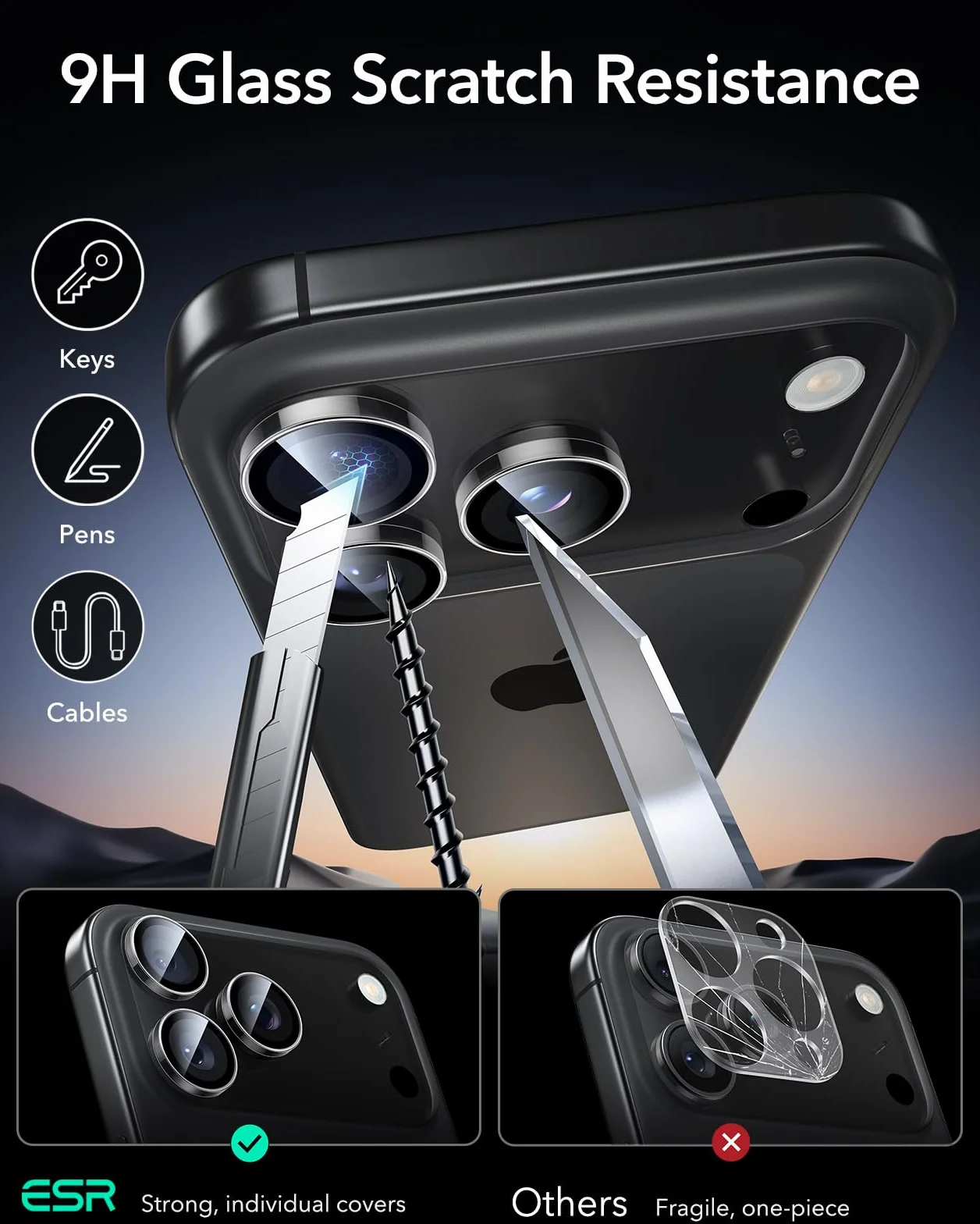 ESR Szkło hartowane do iPhone 17 Pro/17 Pro Max 16 Pro 15 Pro Max 14 Pro, ochrona aparatu HD, odporne na zarysowania