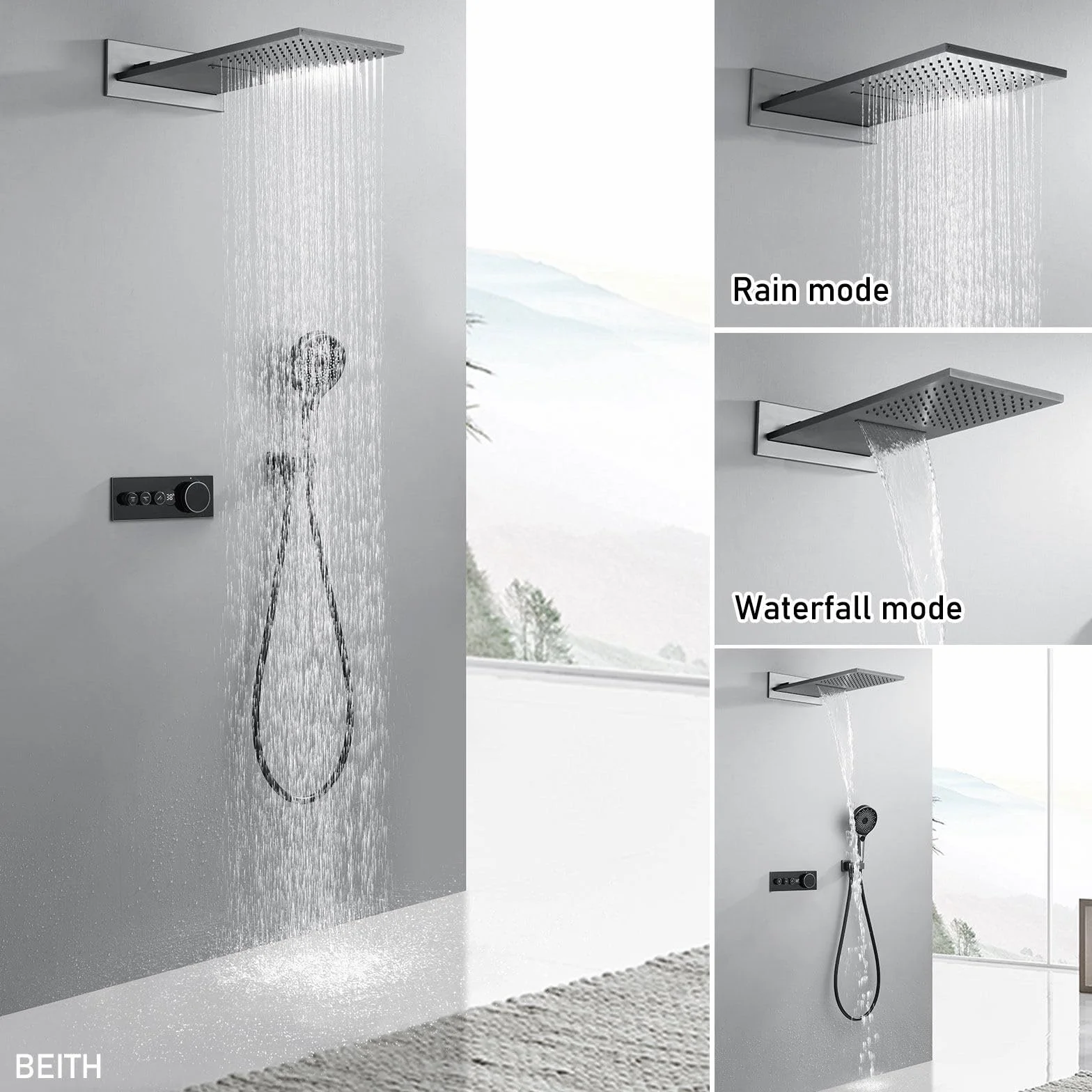 BEITH Termostatyczny zestaw prysznicowy 550 x 228 mm, kwadratowy, ukryty system prysznicowy z cyfrowym wyświetlaczem LED, 2 tryby montażu na ścianie, zestaw baterii prysznicowych, deszcz, wodospad, 3