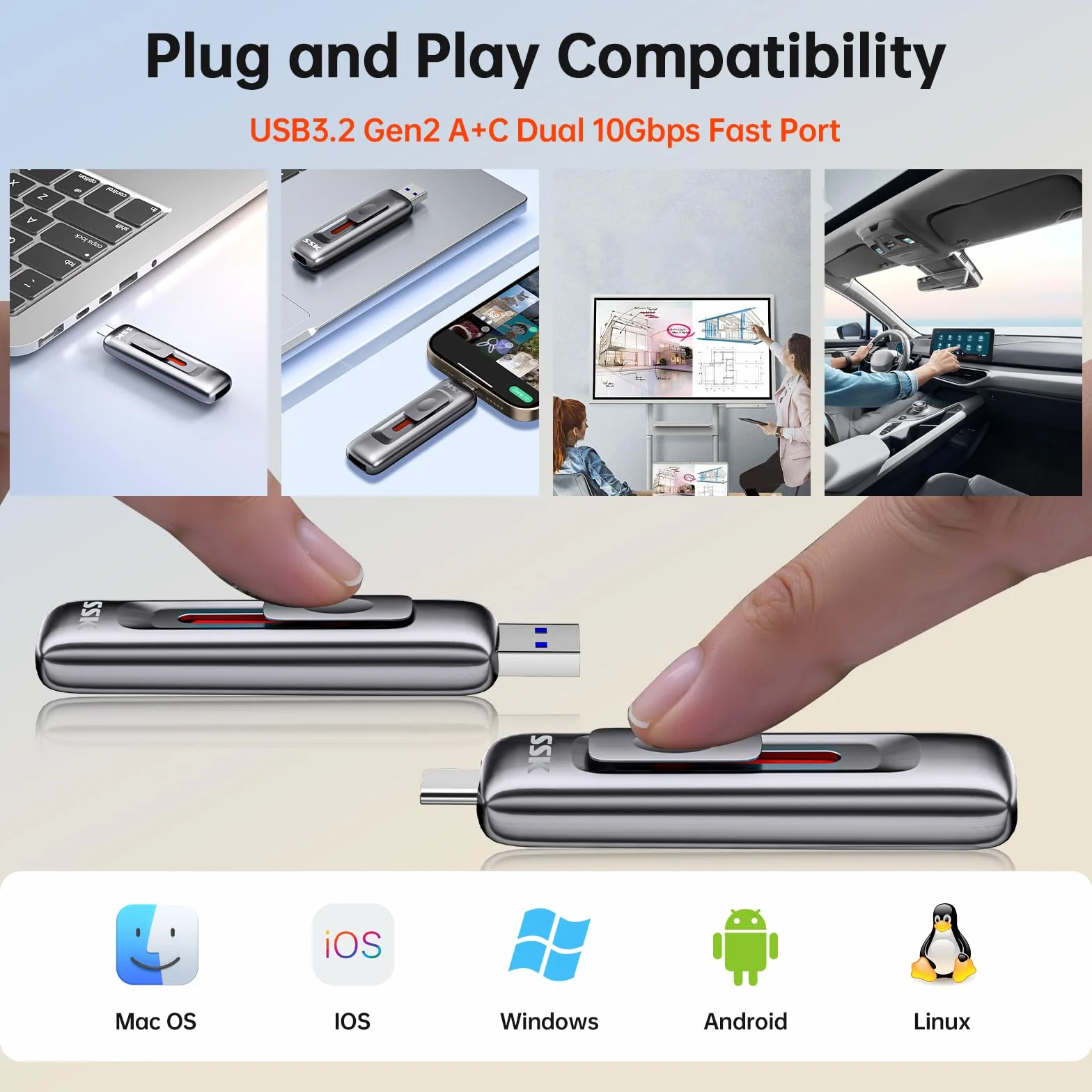 SSK Pamięć flash USB 256 GB 1000 MB/s USB 3.2 Gen2 przenośny dysk SSD typ A + typ C Push-Pull do iPhone'a 15/16/17