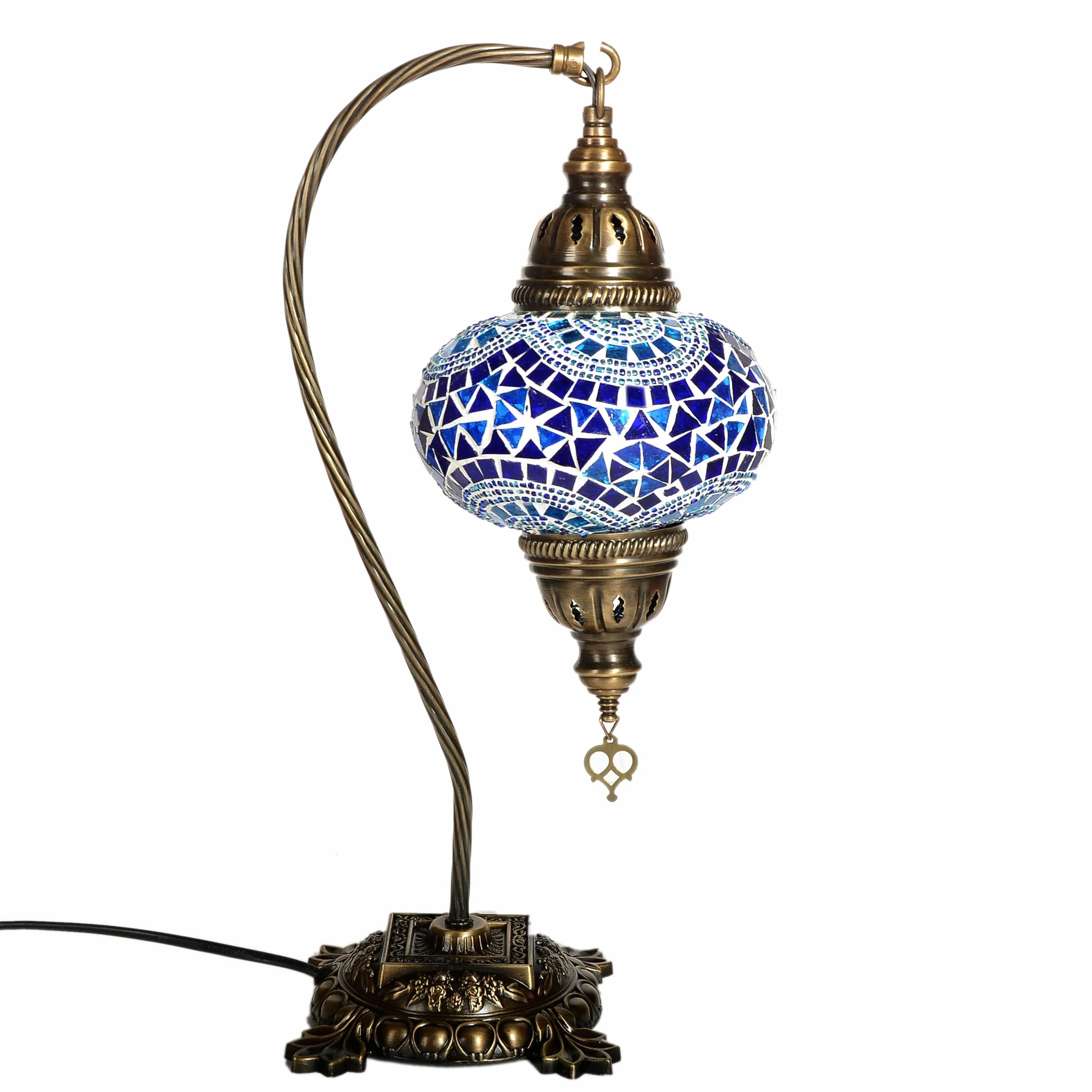Turecka lampa stołowa z mozaiką, oszałamiający styl marokański, unikalny kulisty klosz, seria Swan Neck (niebieskie pasy)