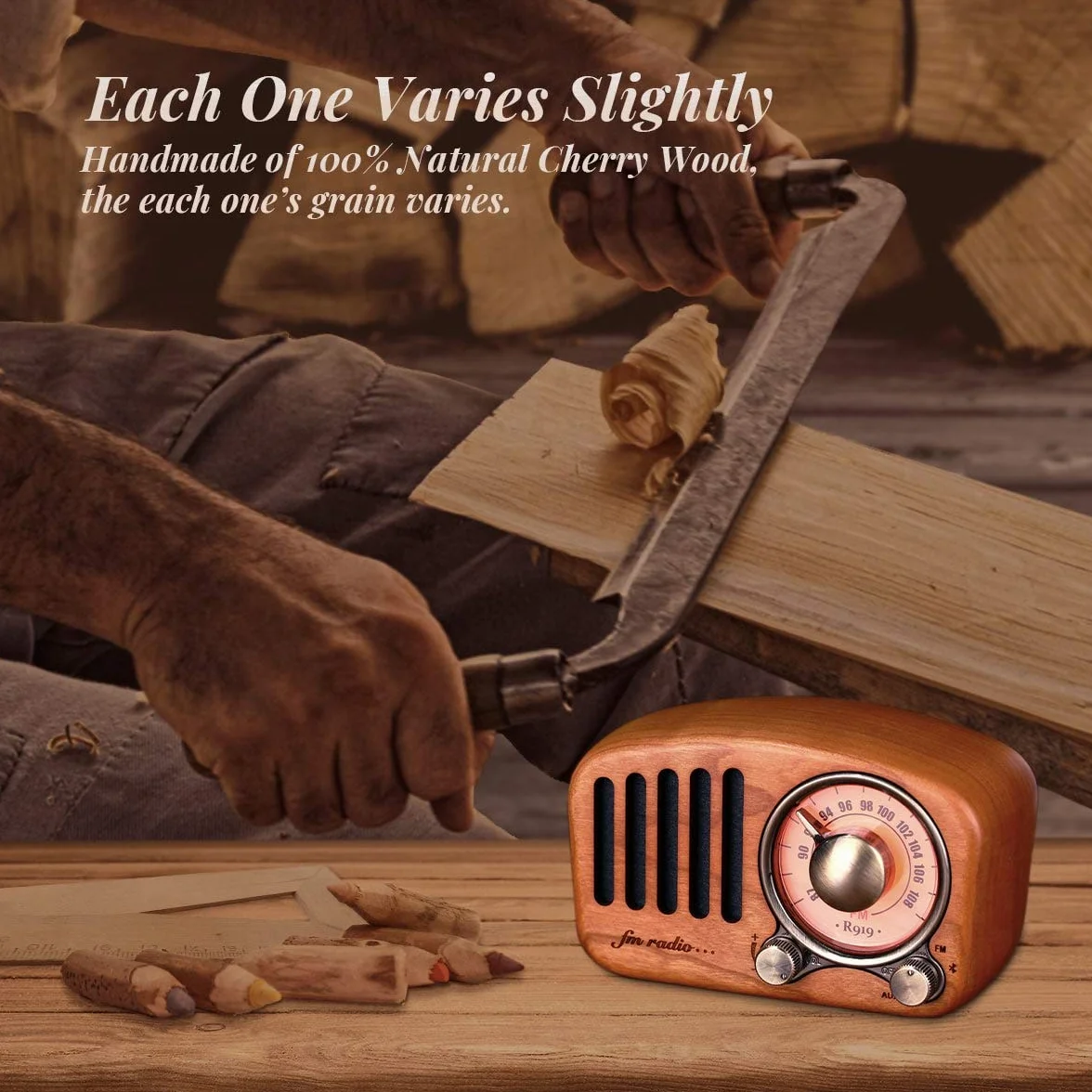 Małe przenośne radio, drewniane radios FM z głośnikiem Bluetooth w stylu retro, tranzystorowe radio z możliwością ładowania, z kartą SD MP3, obsługuje funkcję AUX, firmy PRUNUS J-919.