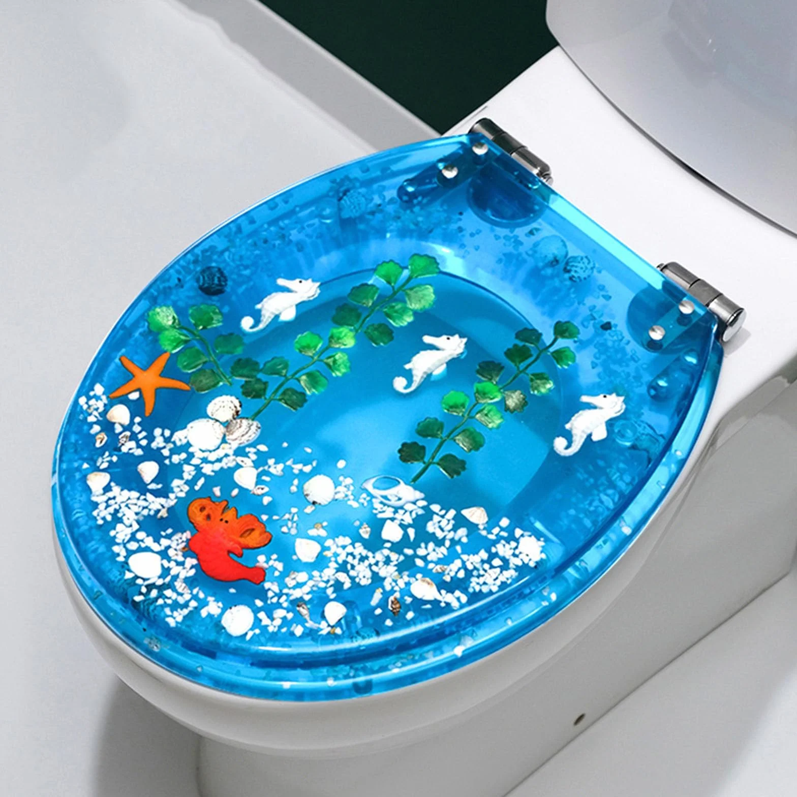 L,Deska sedesowa o cichym opadaniu, deska sedesowa o cichym i wolnym opadaniu, deski sedesowe z serii Ocean Effects 3D z prawdziwymi muszlami i żwirem, zawiasy ze stali nierdzewnej